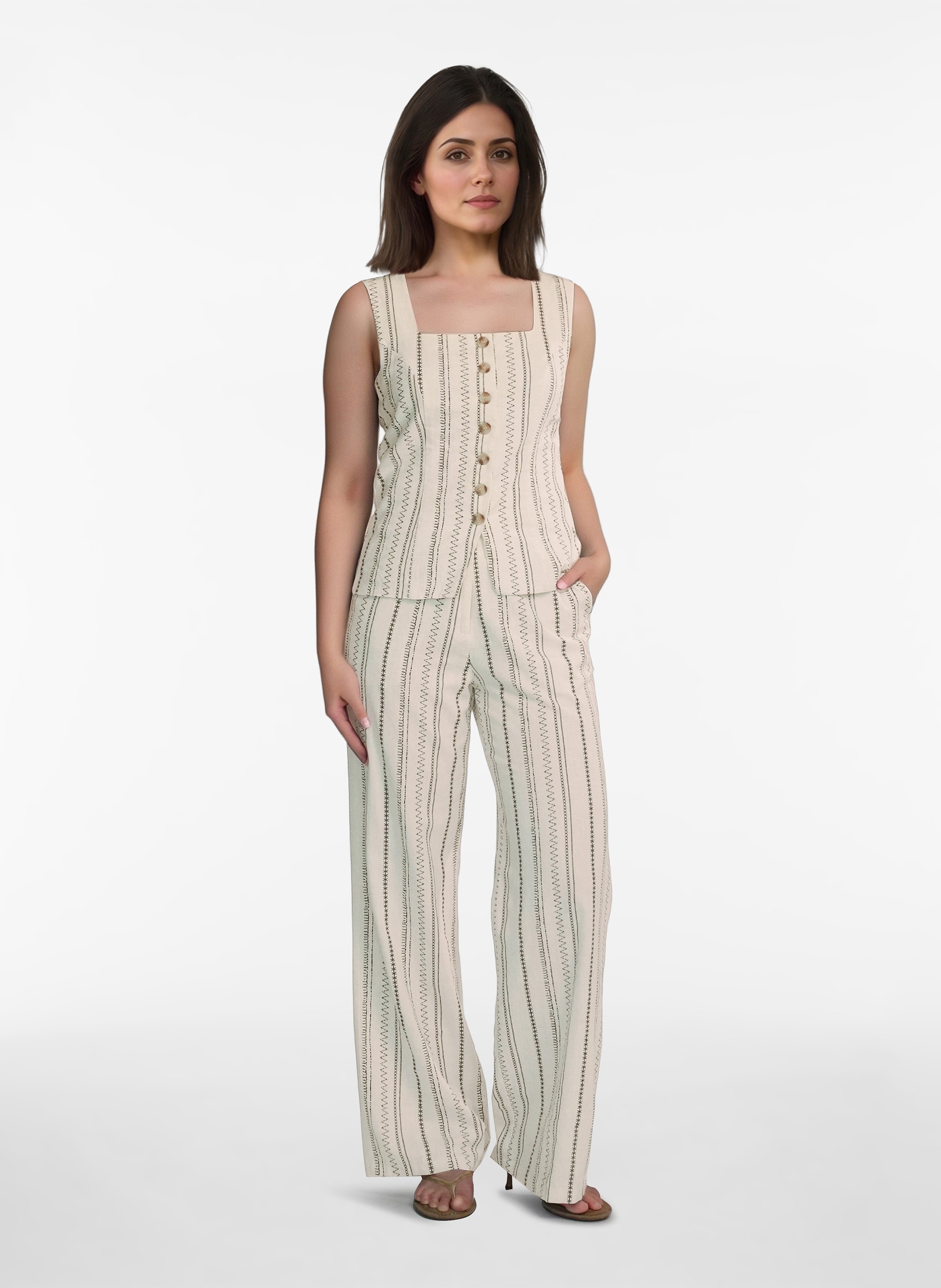 Pantalón ancho de algodón y lino estampado. VILA Beige