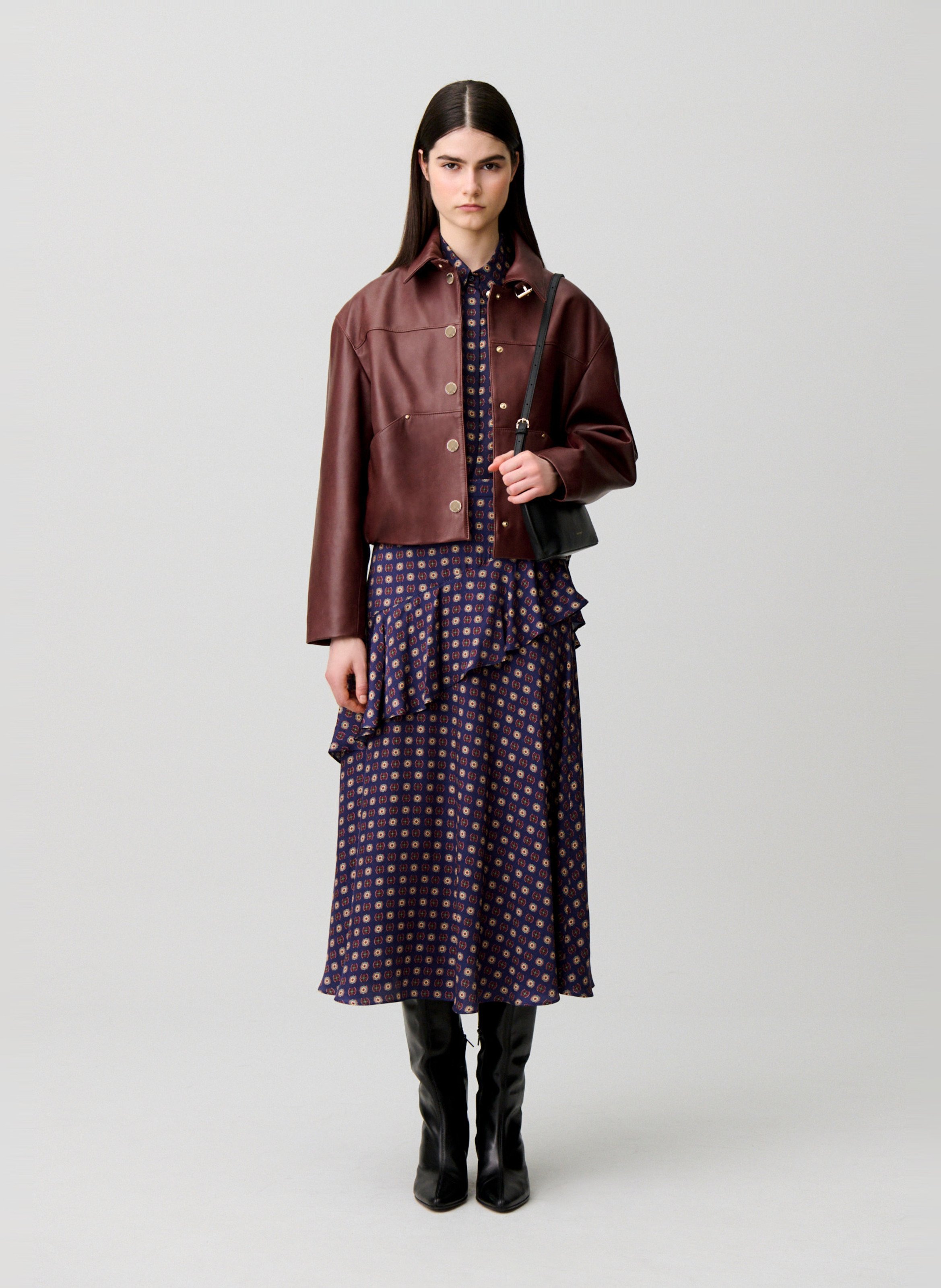 Jupe midi fluide imprimée à volants CLAUDIE PIERLOT Bleu