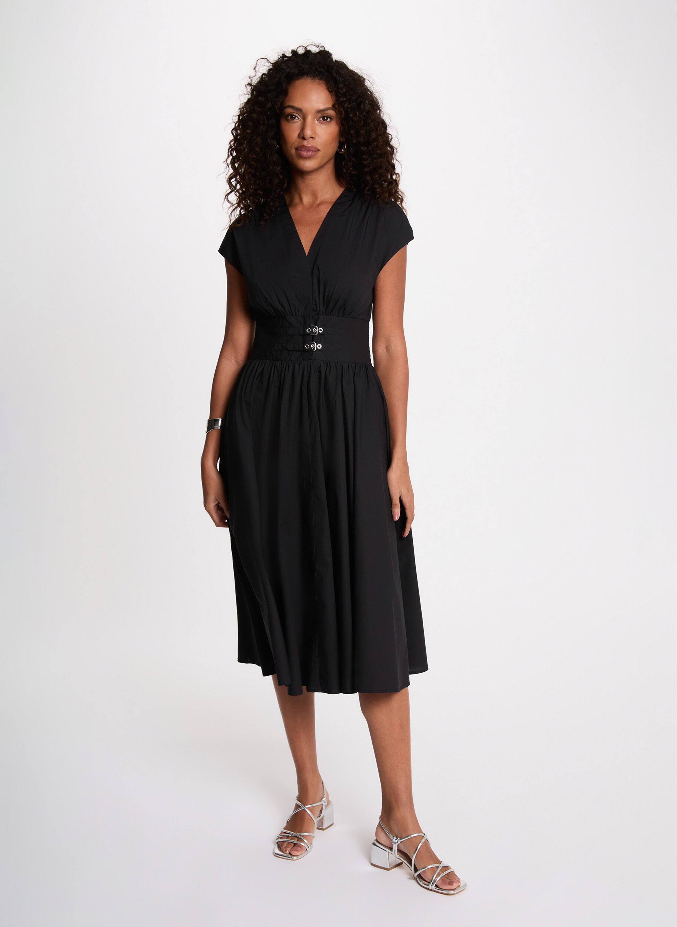 Midi jurk met V-hals en getailleerd silhouet MORGAN Zwart