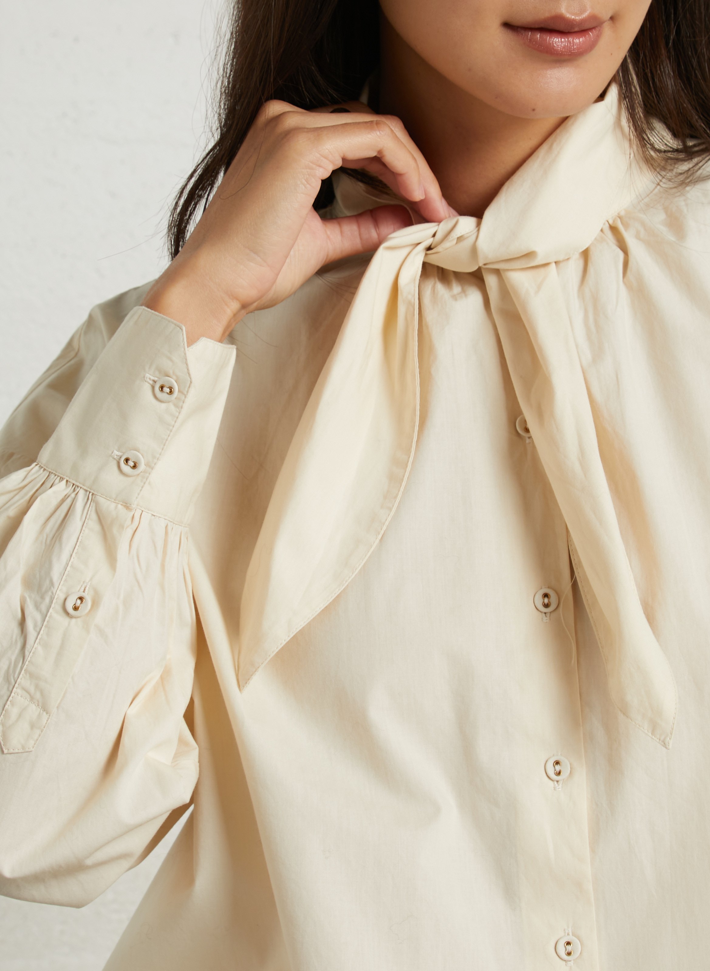 Chemise col à nouer unie en coton BELLEPIECE Beige