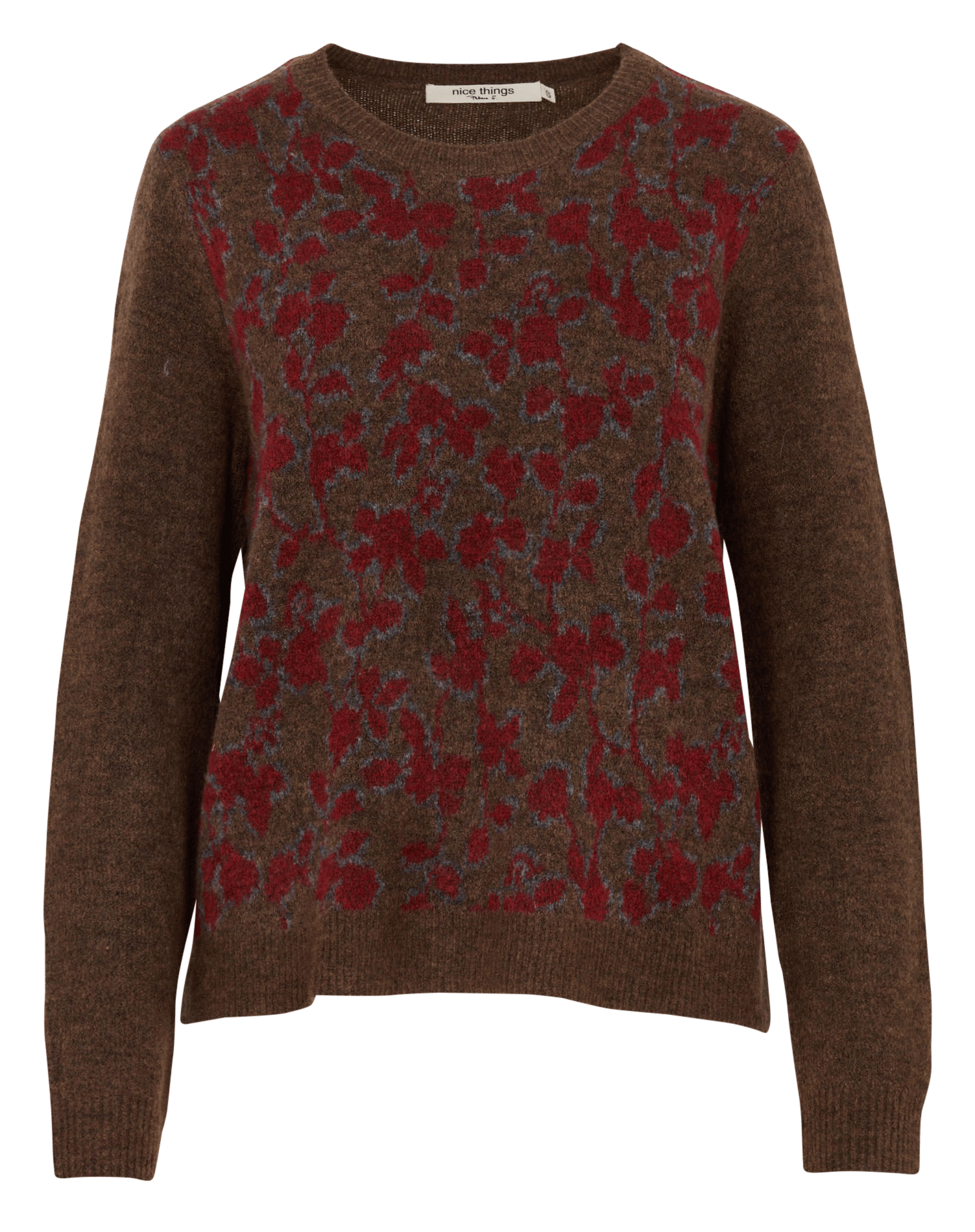 Gerade geschnittener Jacquard-Pullover mit Rundhalsausschnitt und Blumenmuster NICE THINGS Braun