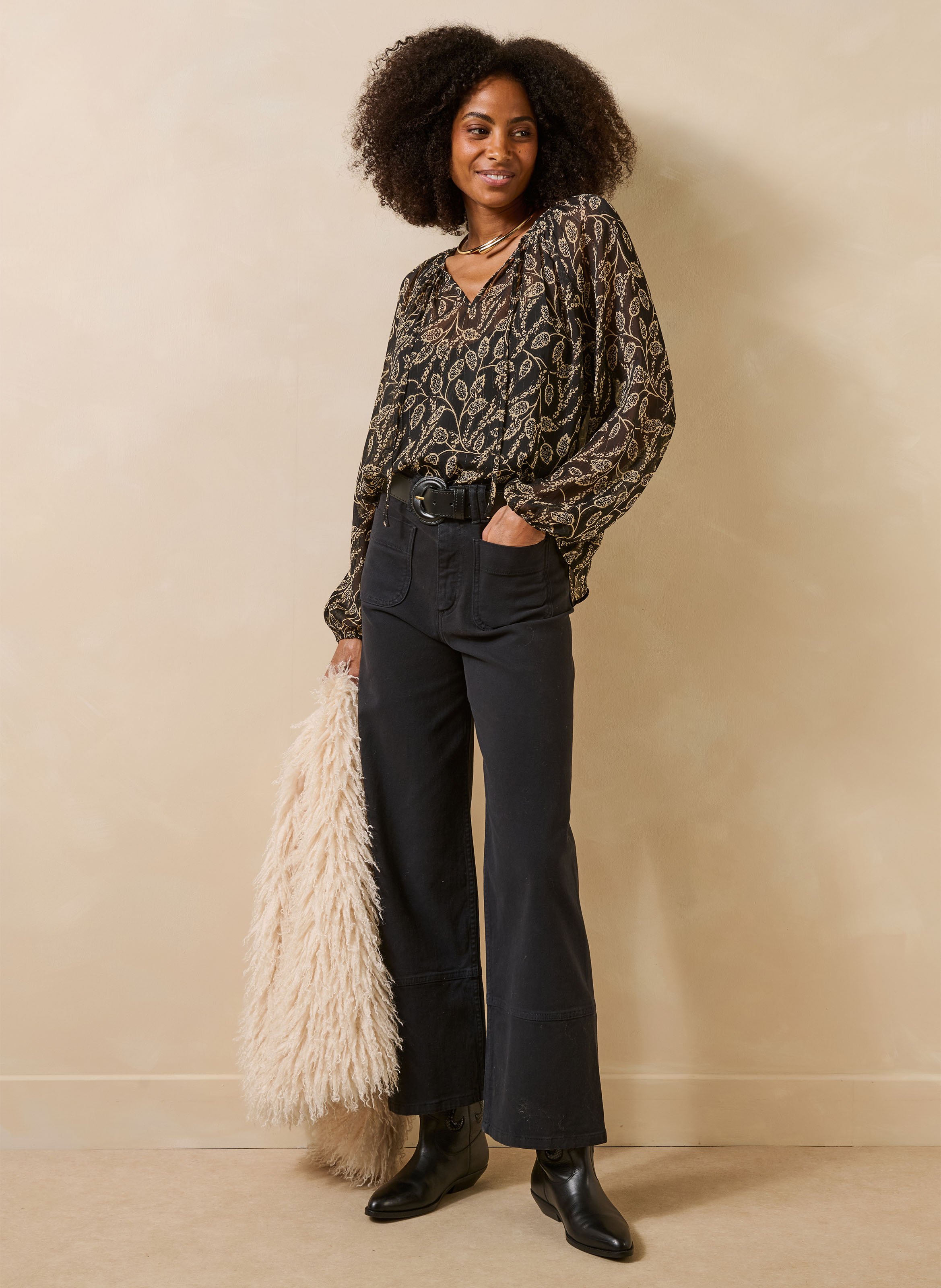 Blouse col rond imprimée LA FEE MARABOUTEE Noir
