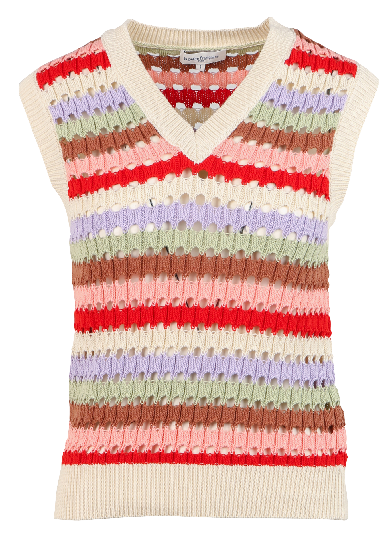 Pull col V rayé en coton LA PETITE FRANCAISE Beige