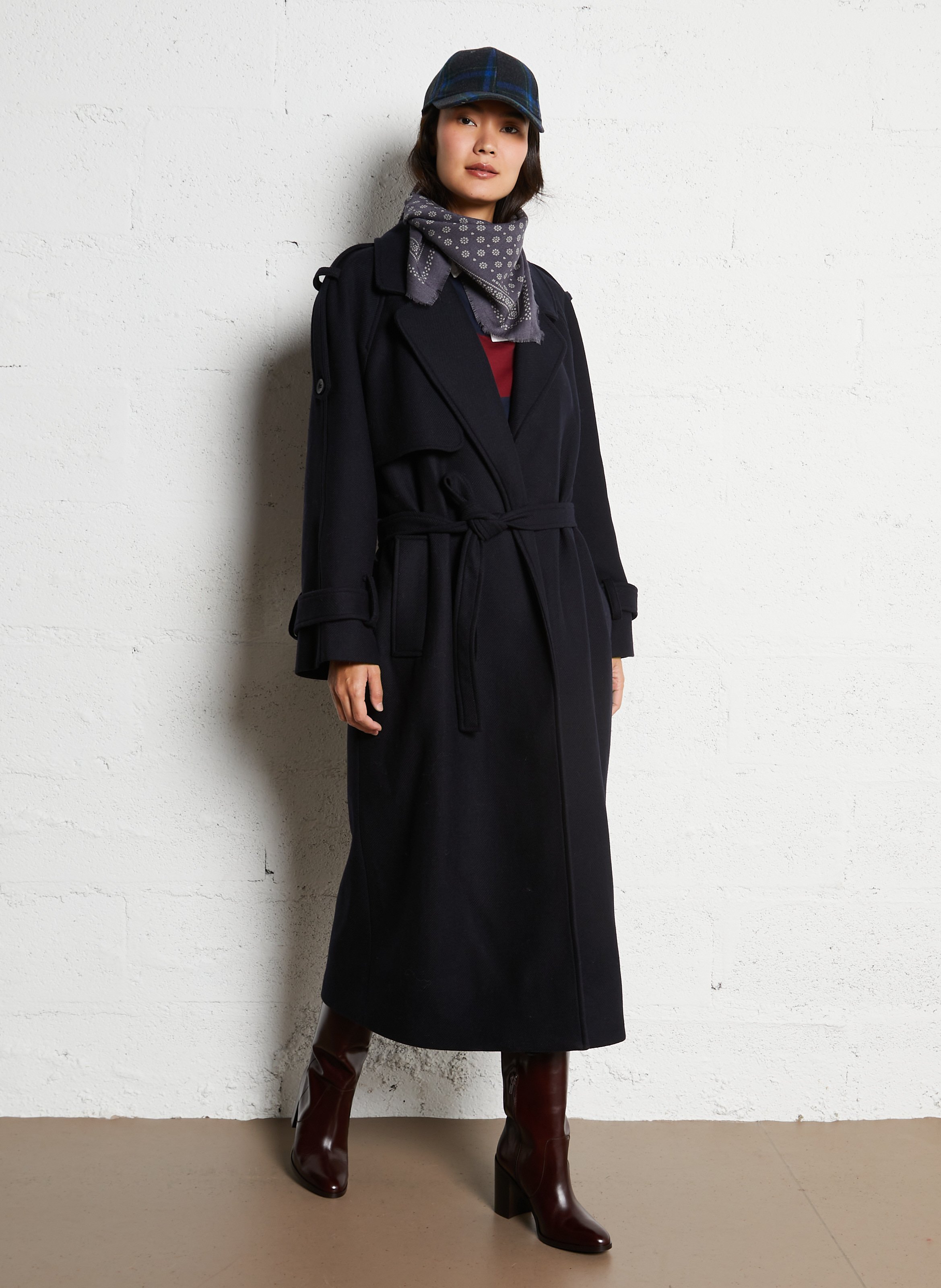 Lange jas met ceintuur - wolblend THE NEW SOCIETY Blauw