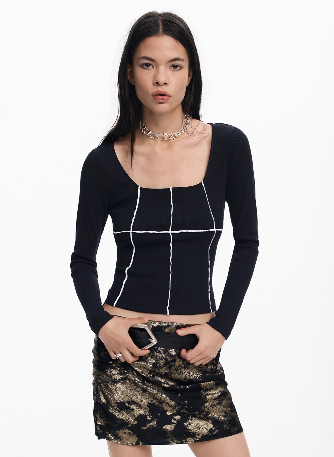 Top ajusté col carré en coton mélangé DESIGUAL Noir