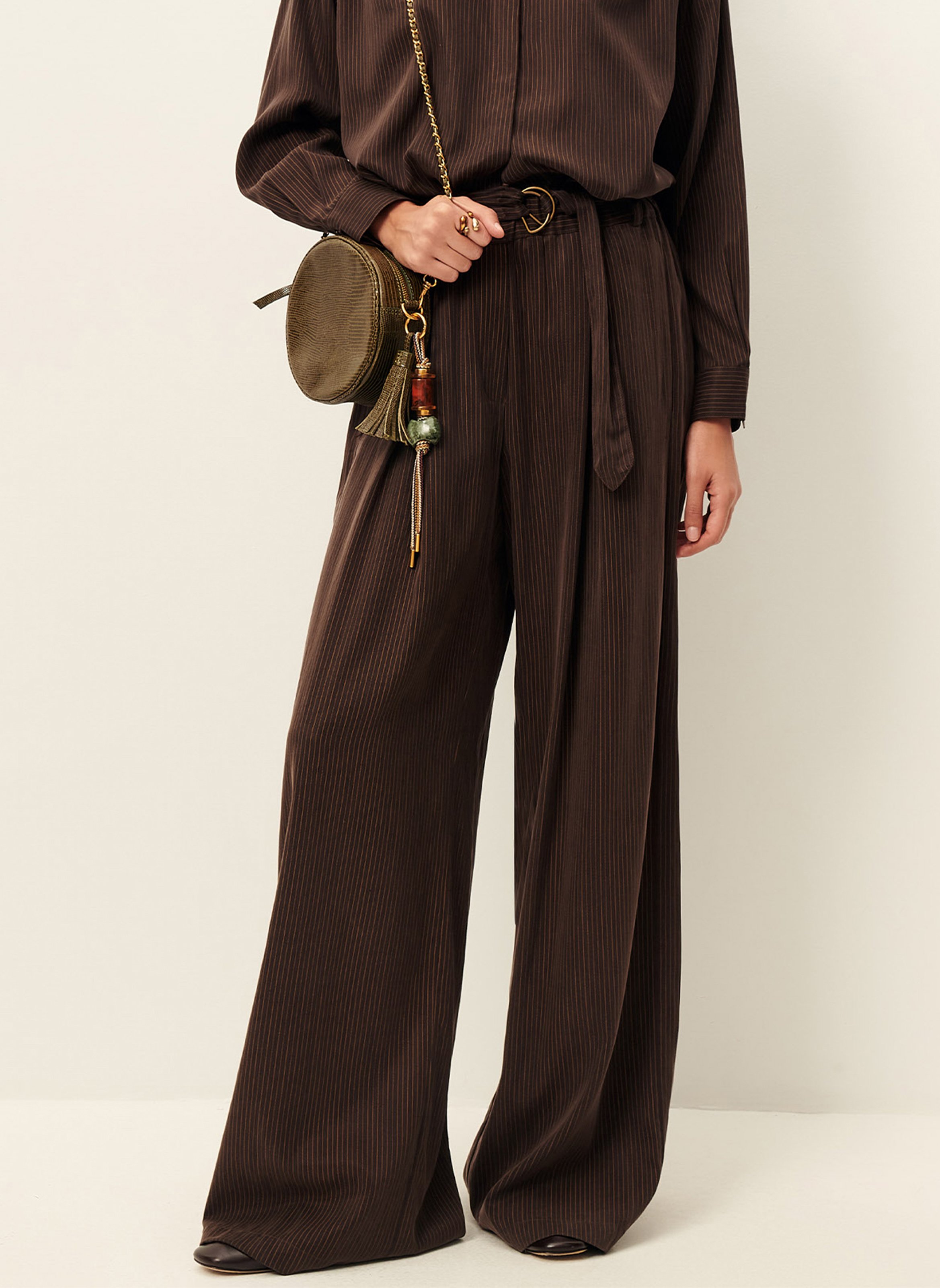 Pantalon large ceinturé rayé SESSUN Marron