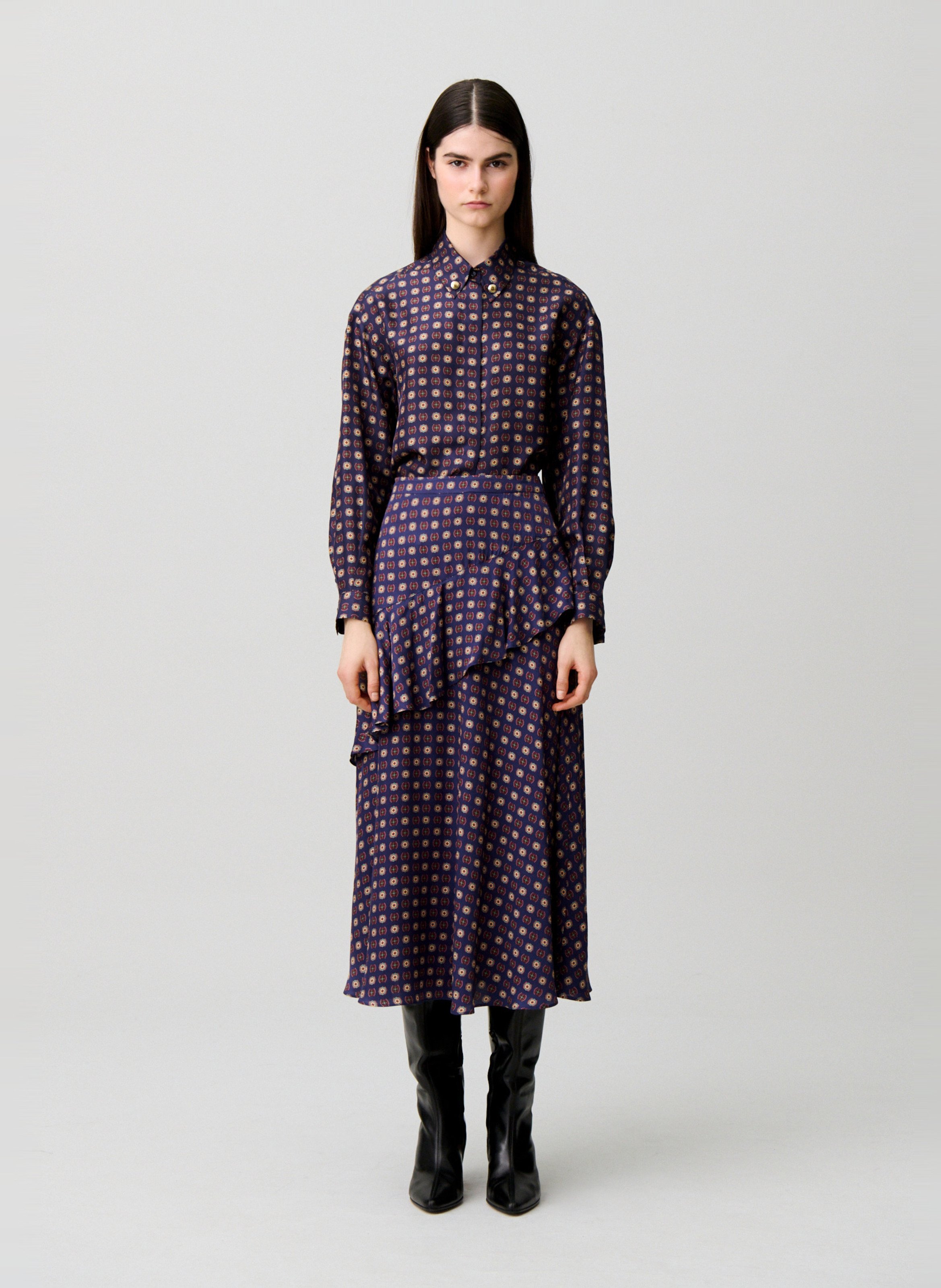 Jupe midi fluide imprimée à volants CLAUDIE PIERLOT Bleu