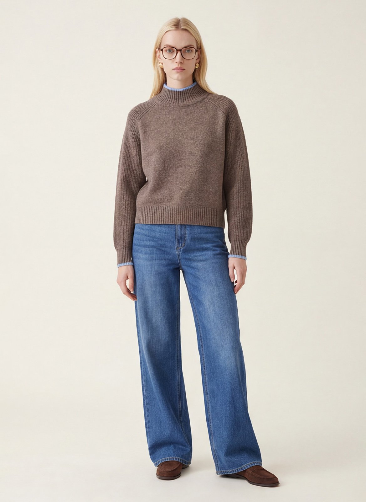 Pull droit col montant en laine mélangée KOOKAI Marron