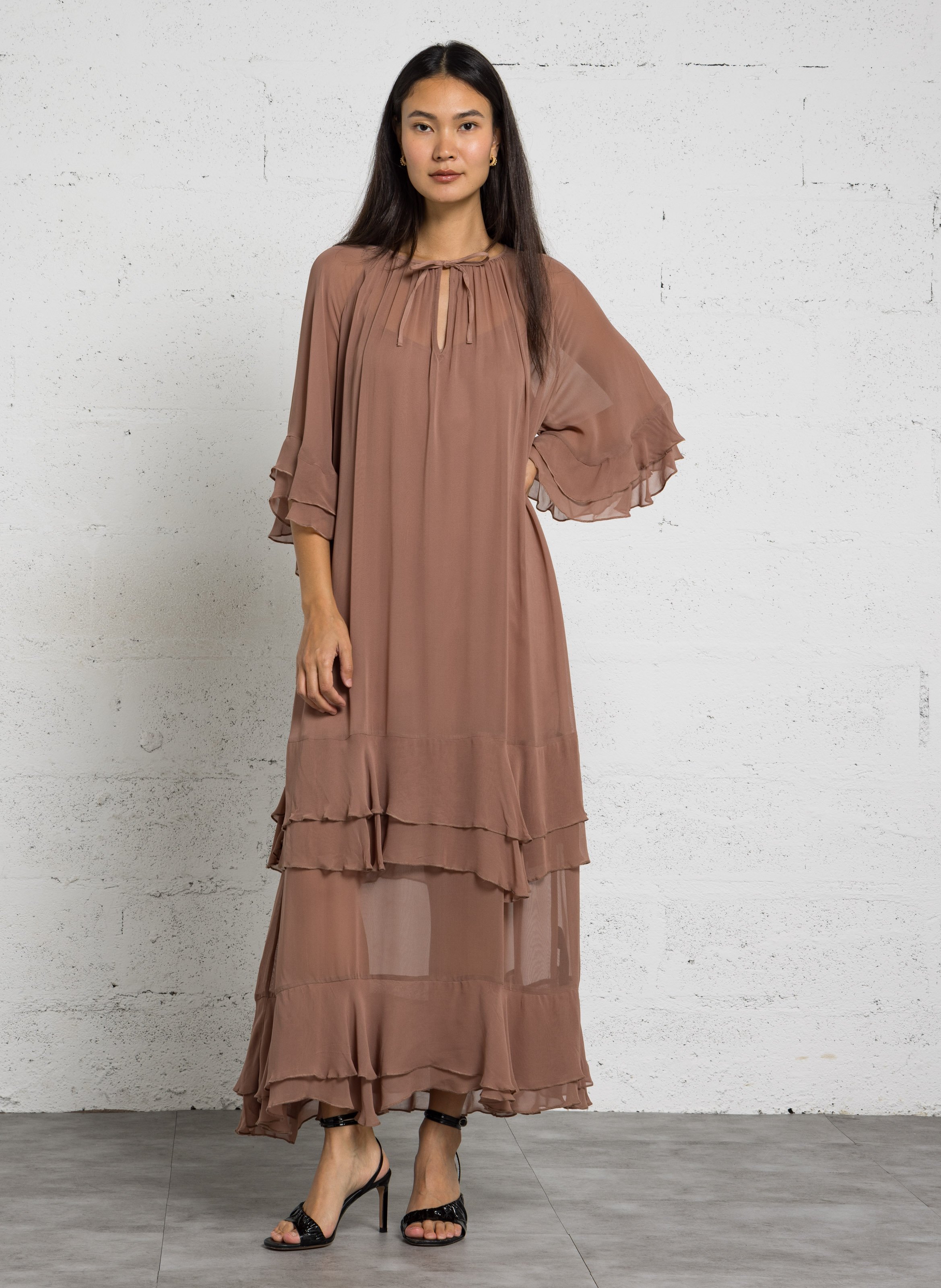 Robe ample à volants en voile IKKS Marron