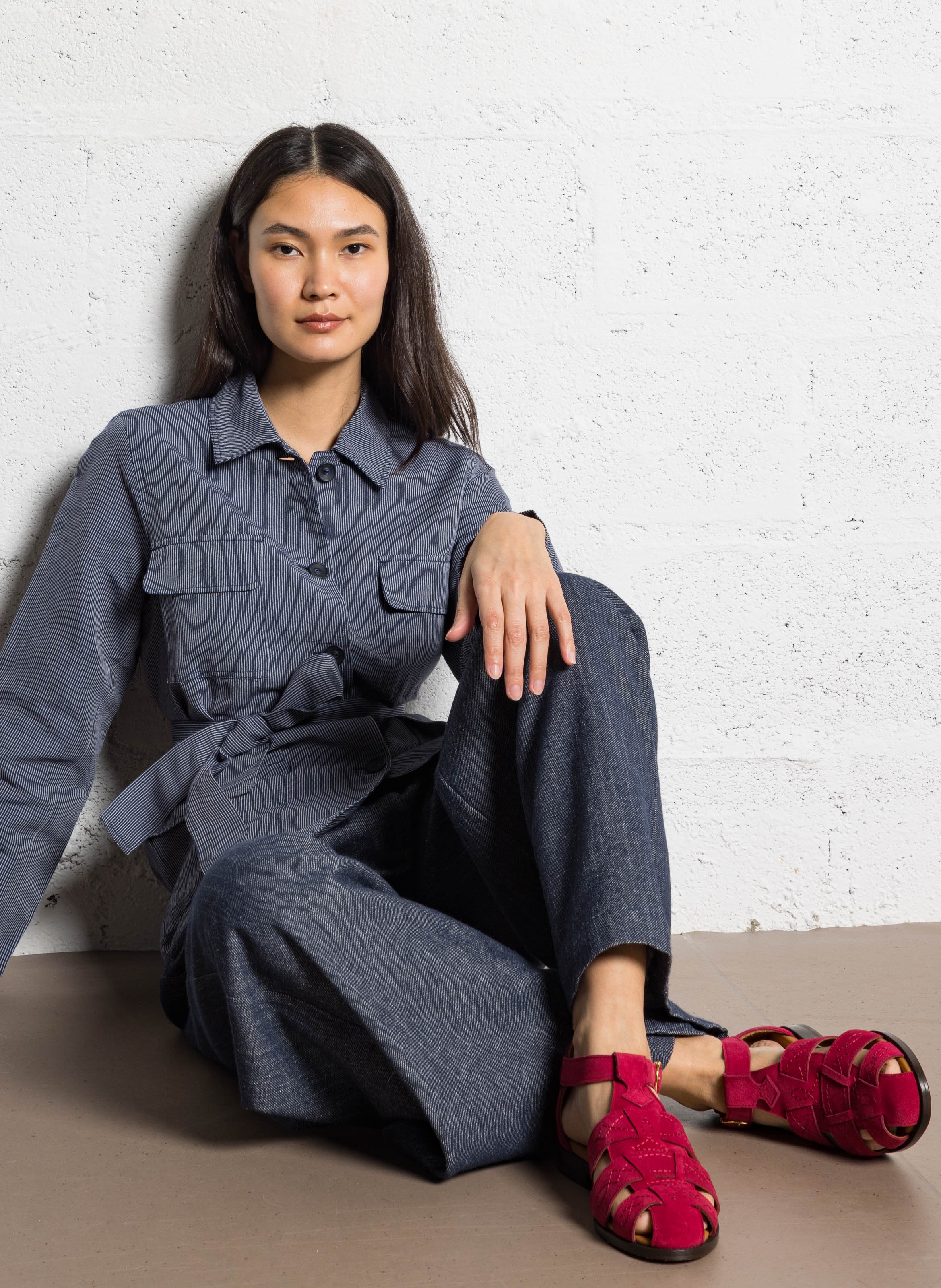 Striped belted straight shirt DIEGA Blue