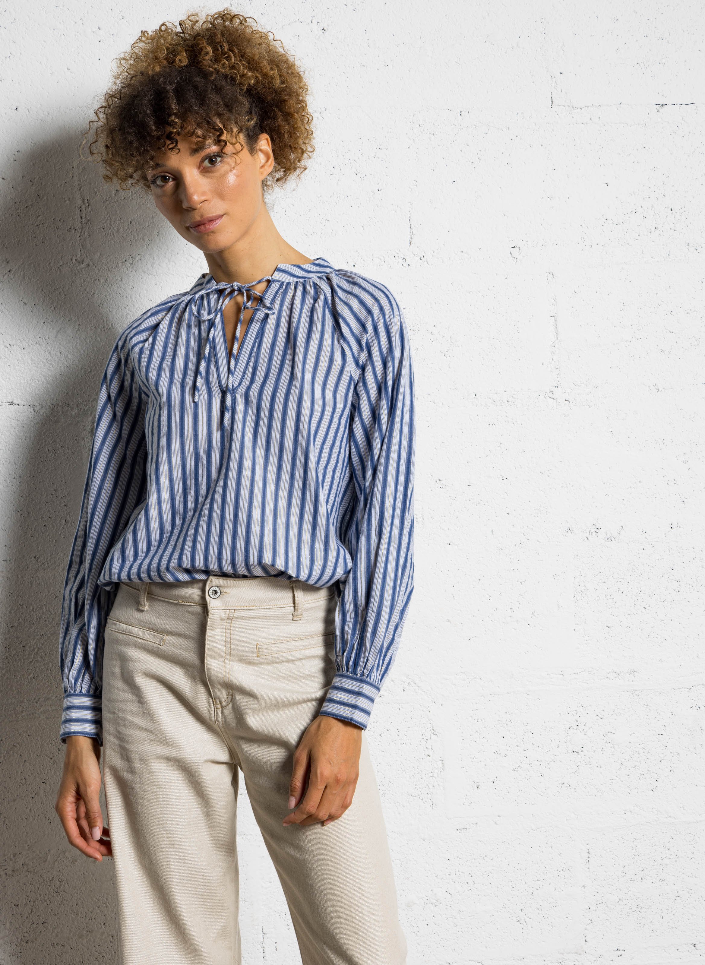 Blouse col tunisien en coton mélangé SUD EXPRESS Bleu