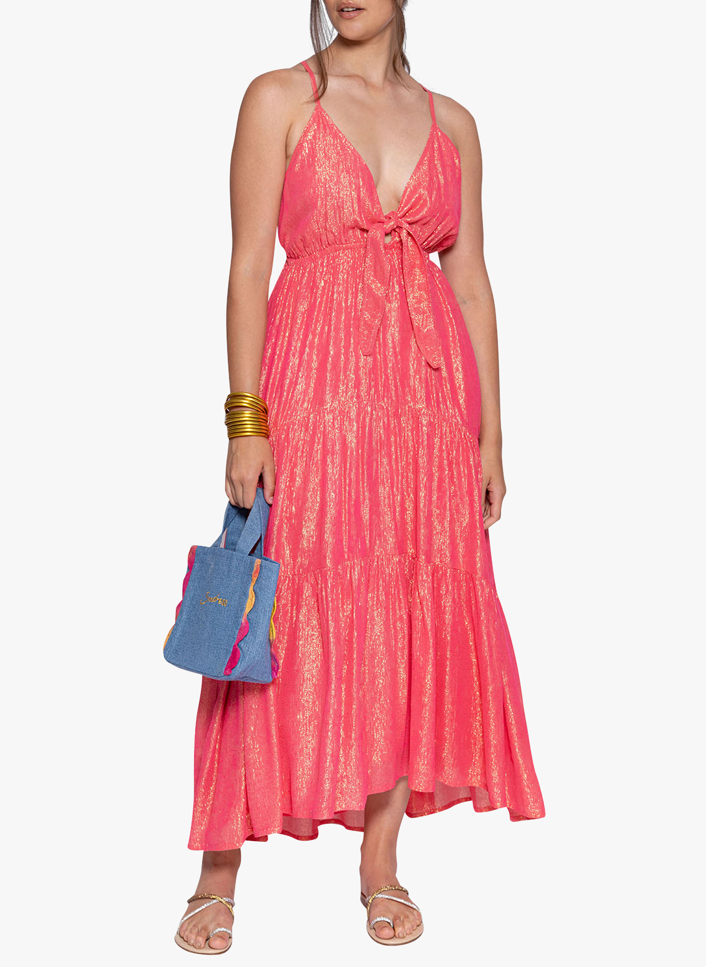 Robe longue col V à fils métallisés SUNDRESS Rose