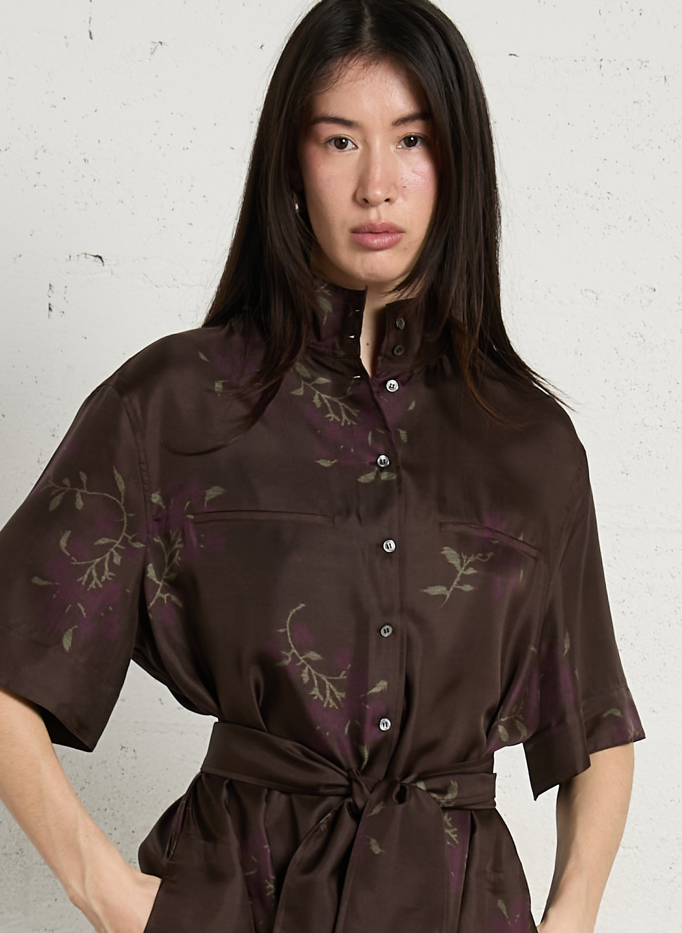 Robe midi col mao en soie SOEUR Marron