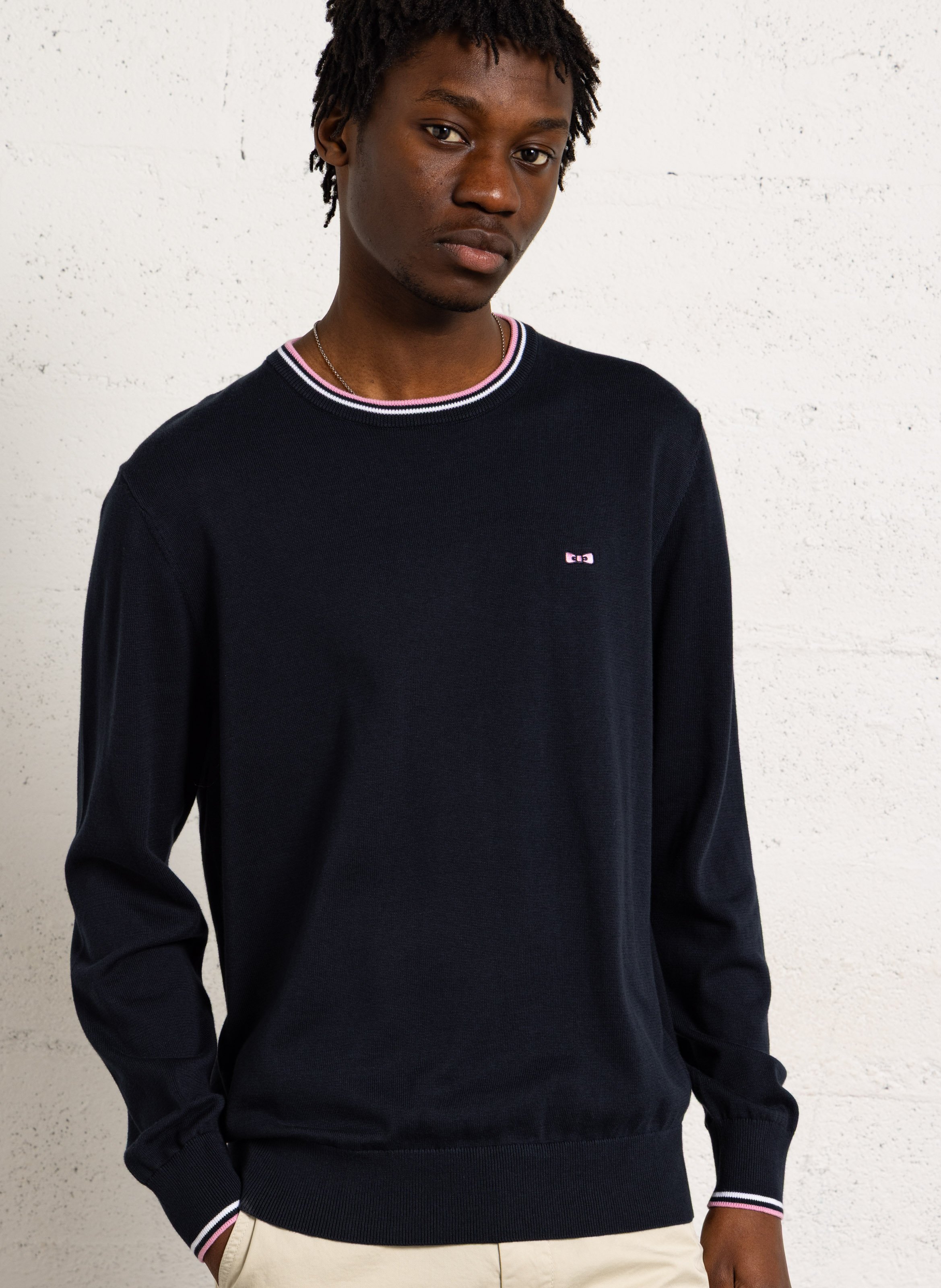 Embroidered straight cotton sweater with round neck EDEN PARK Blue