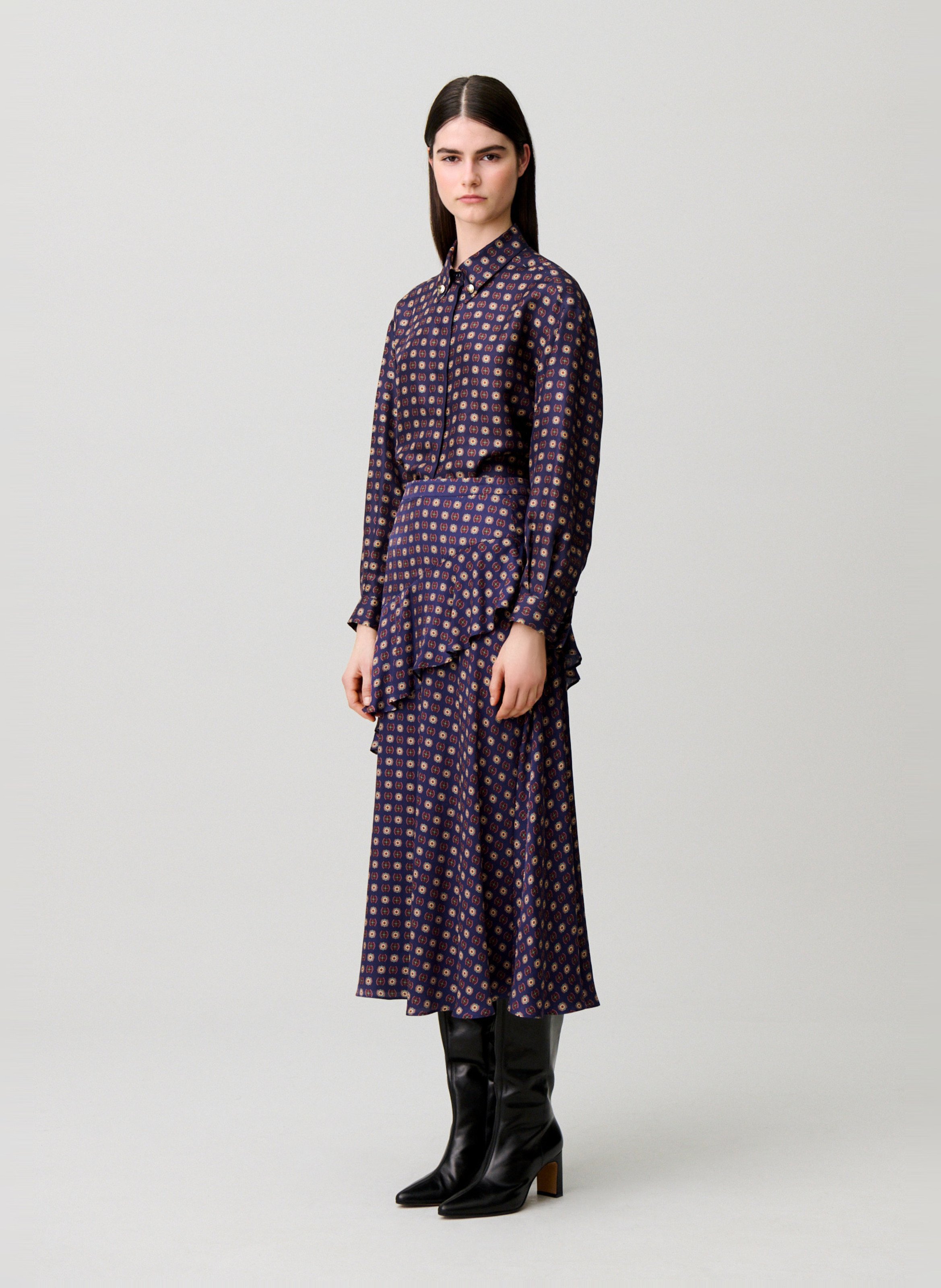 Jupe midi fluide imprimée à volants CLAUDIE PIERLOT Bleu