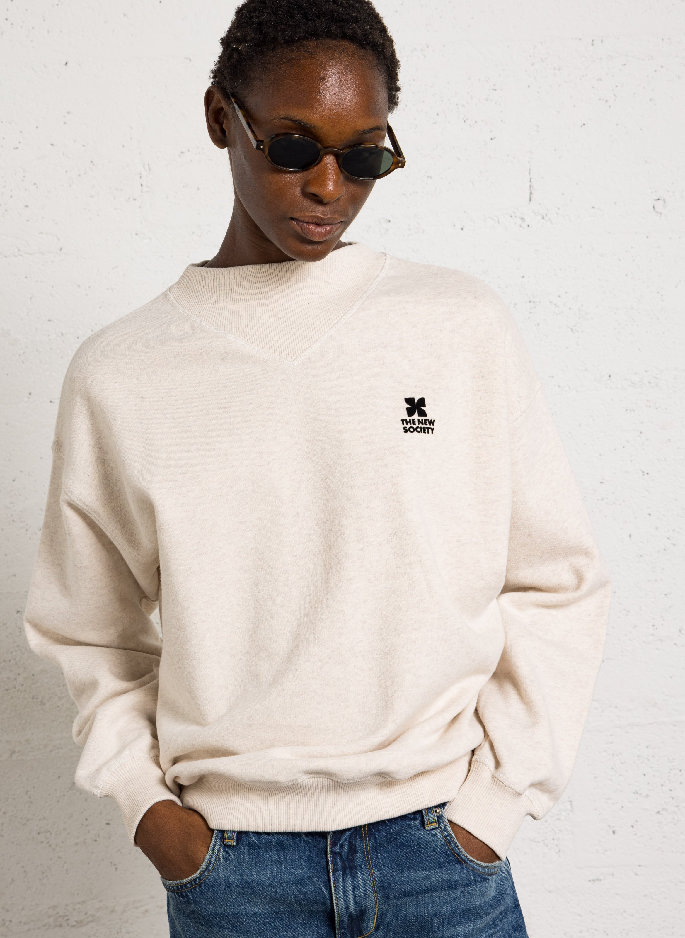 Sweat ample col rond brodé en coton THE NEW SOCIETY Blanc