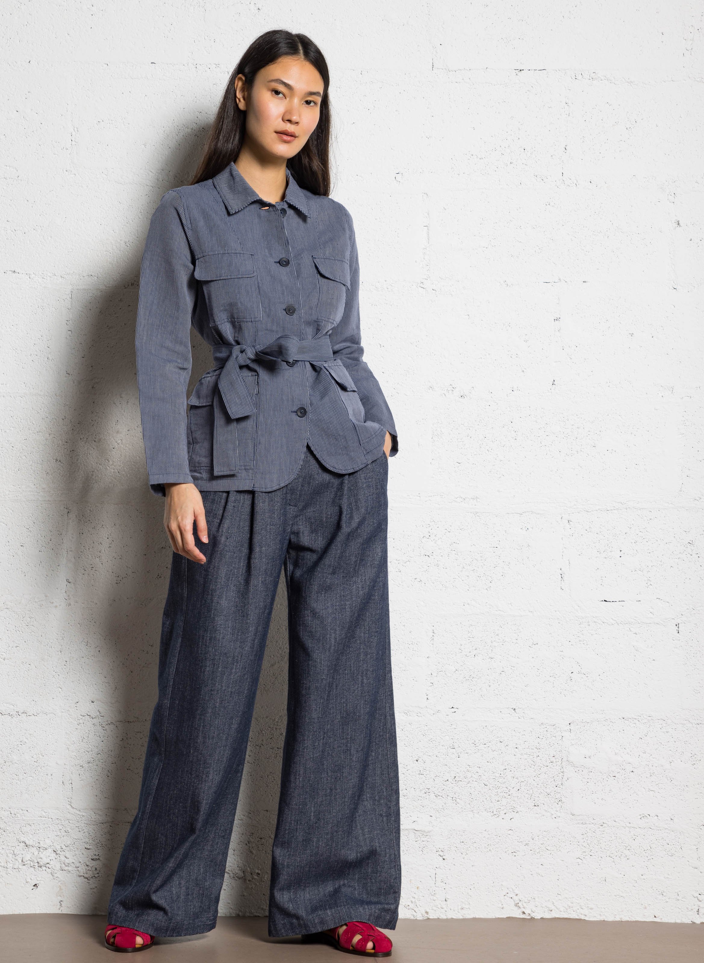 Striped belted straight shirt DIEGA Blue