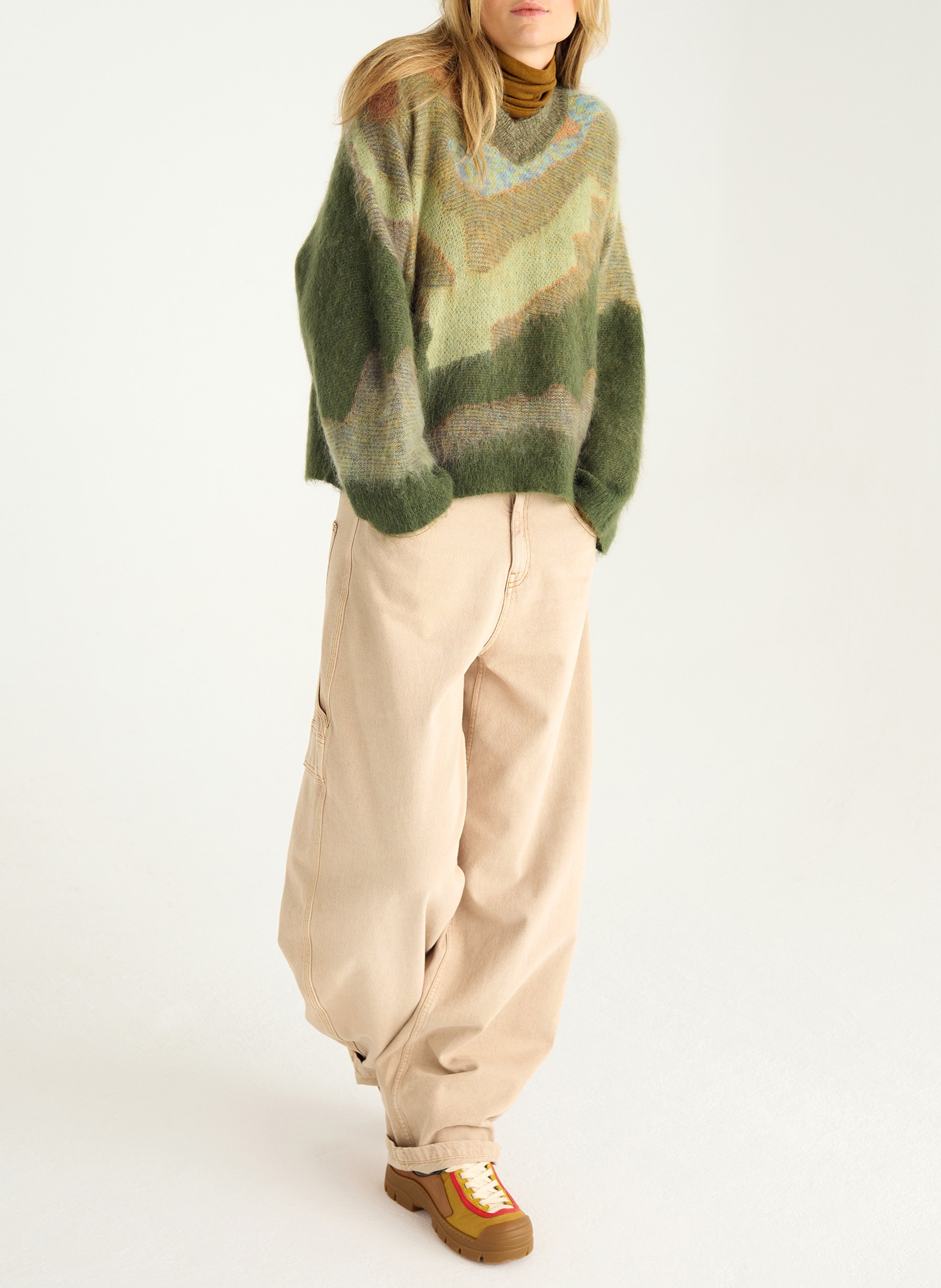 Pull oversize col V en laine mélangée COTELAC Vert