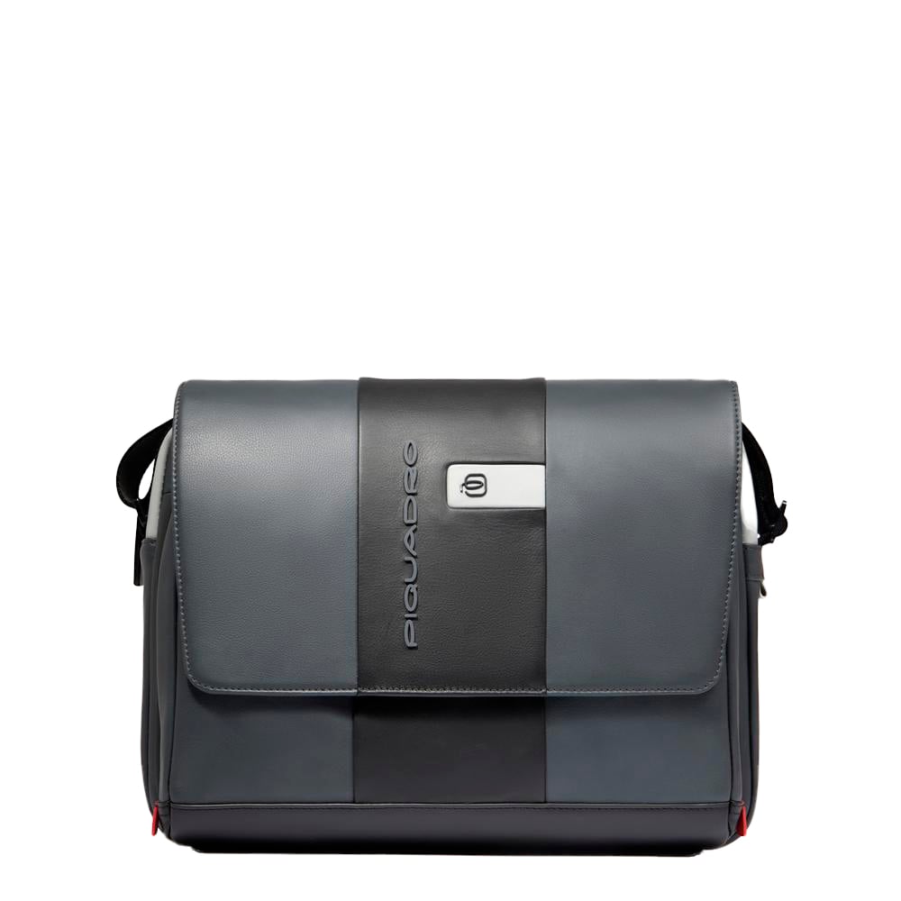 Leather computer messenger bag with pocket for airpods®, shock protection, and RFID. PIQUADRO