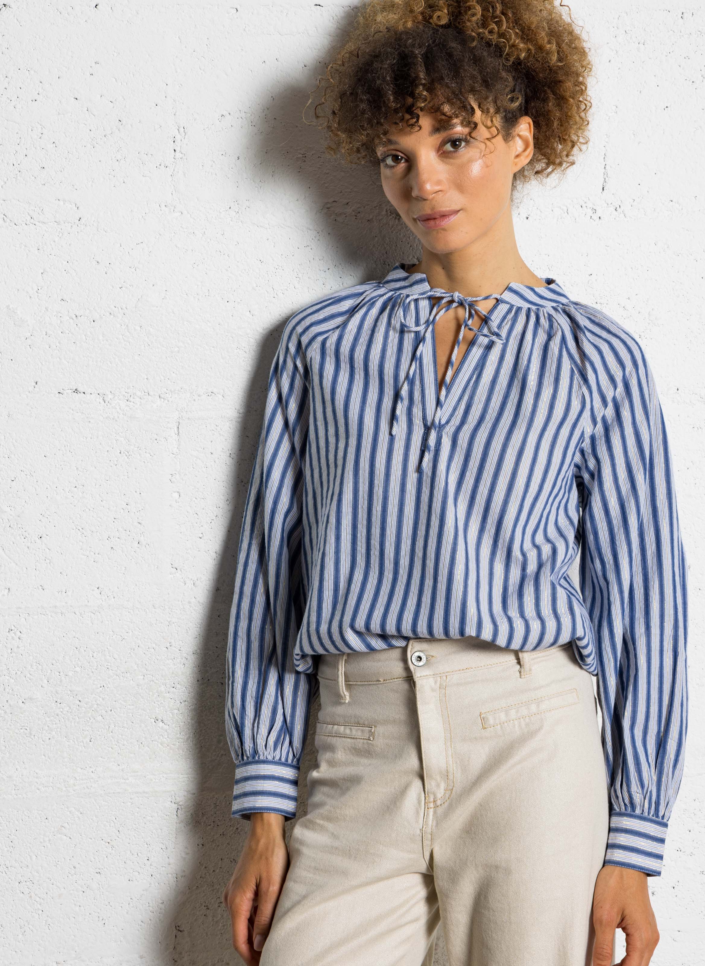 Blouse col tunisien en coton mélangé SUD EXPRESS Bleu