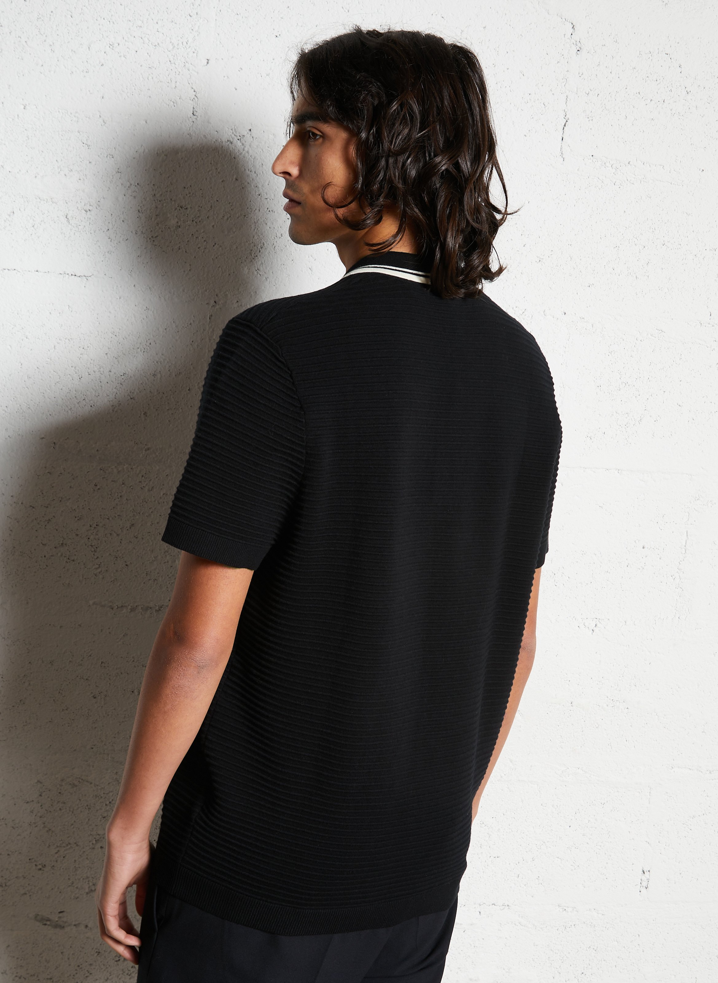 Solid short-sleeve polo with striped collar IKKS Black