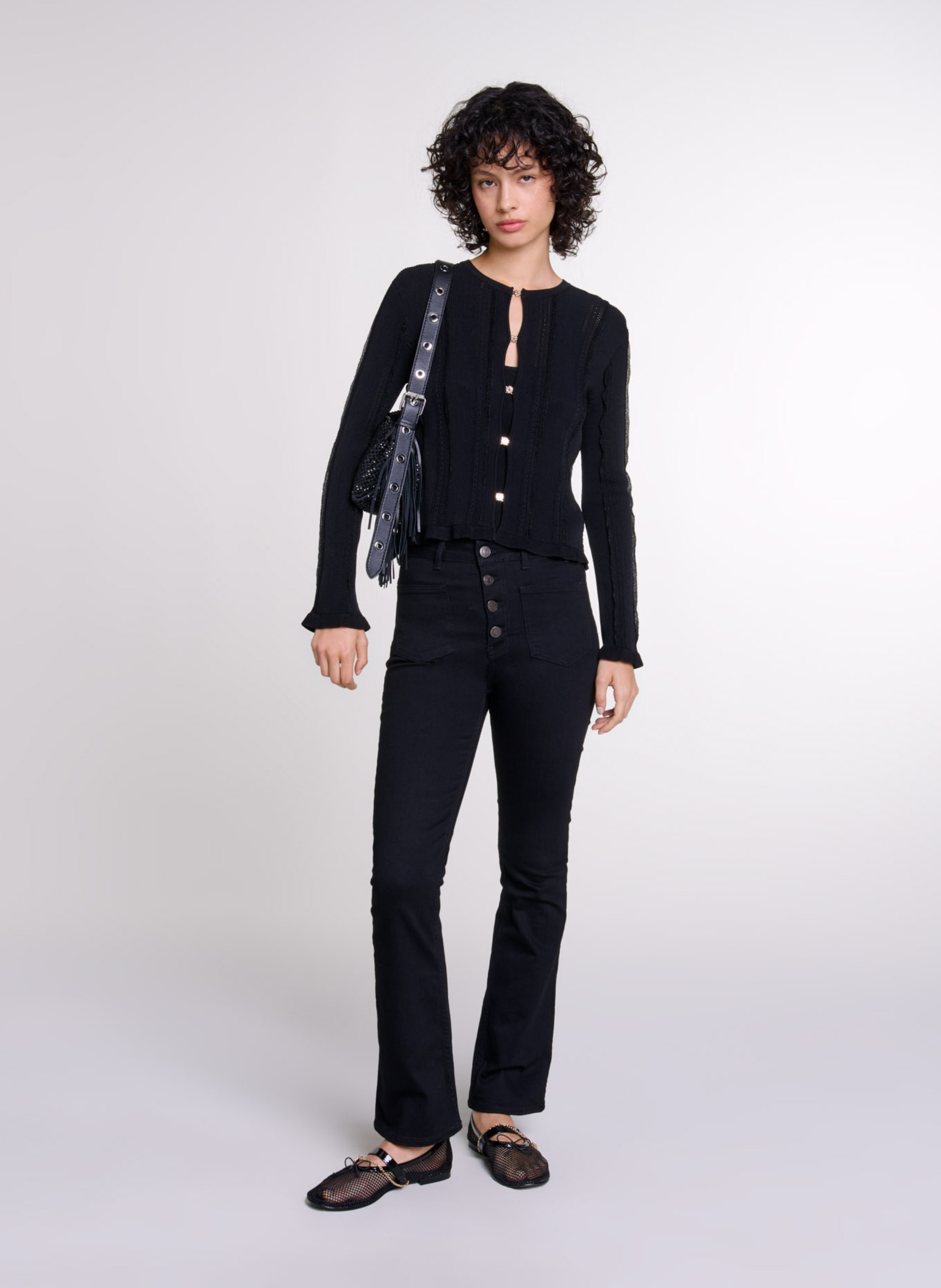 Straight round-neck cardigan in openwork knit MAJE Black