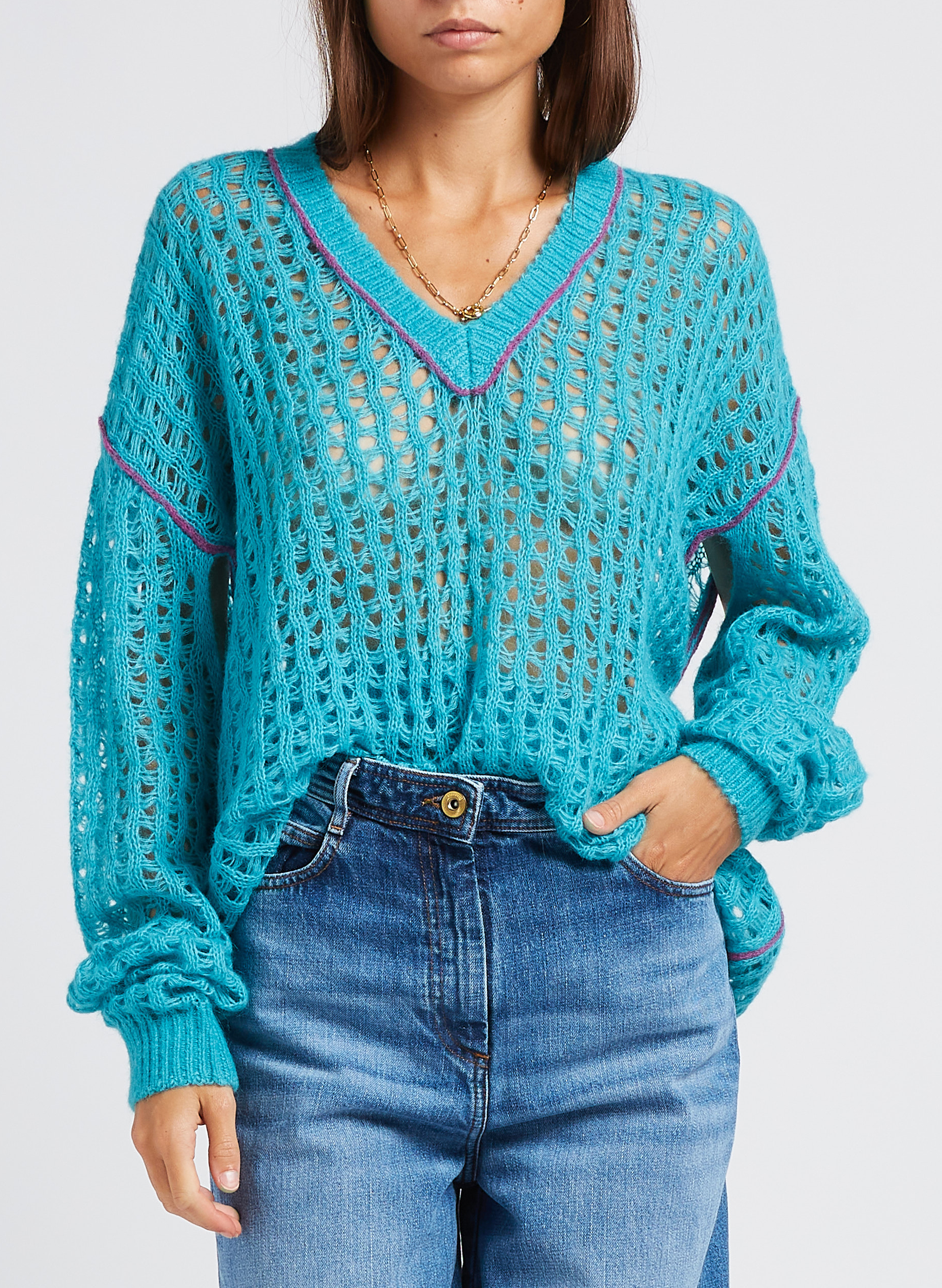 V-neck sweater in mesh MES DEMOISELLES Blue