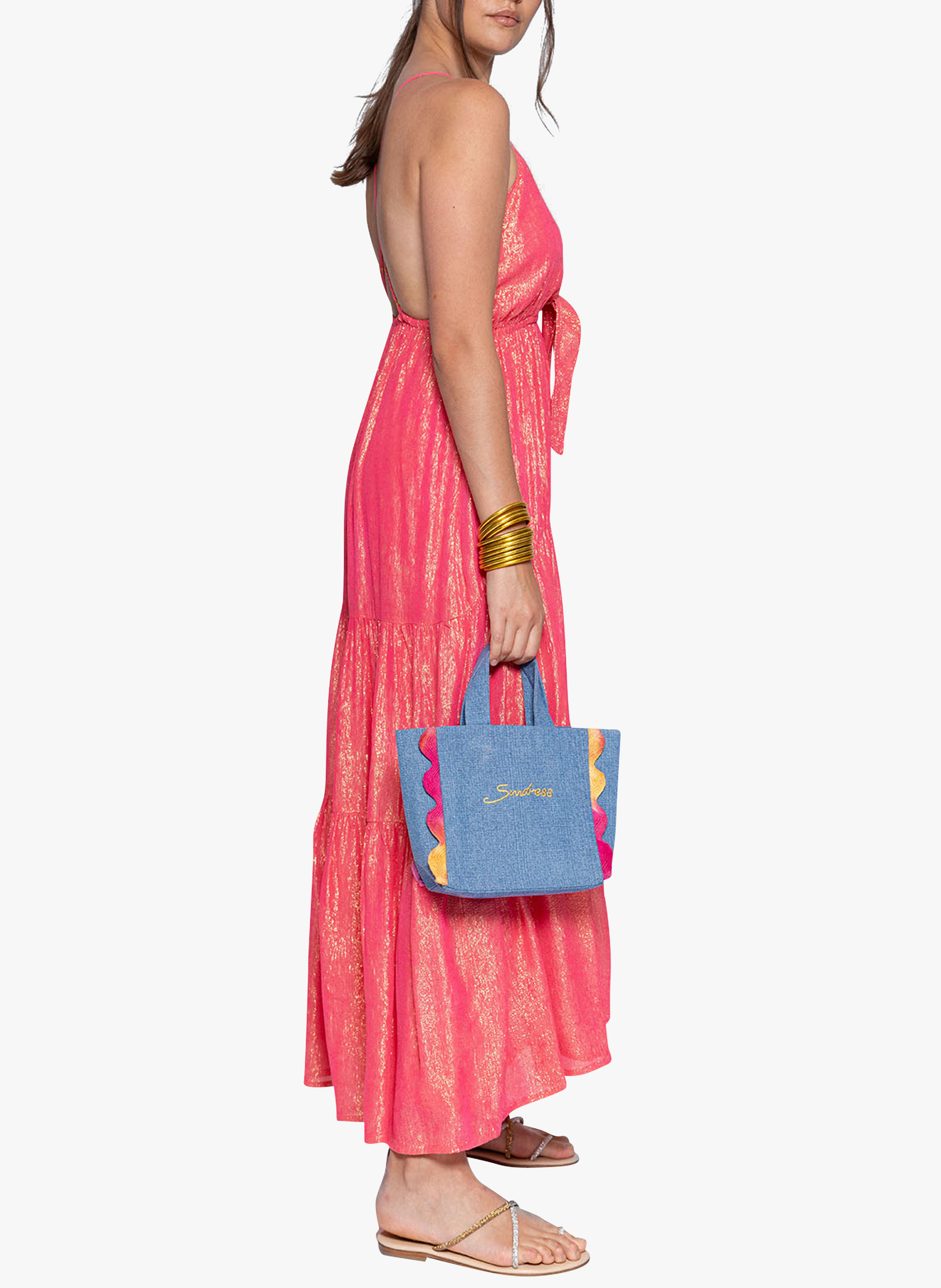 Robe longue col V à fils métallisés SUNDRESS Rose