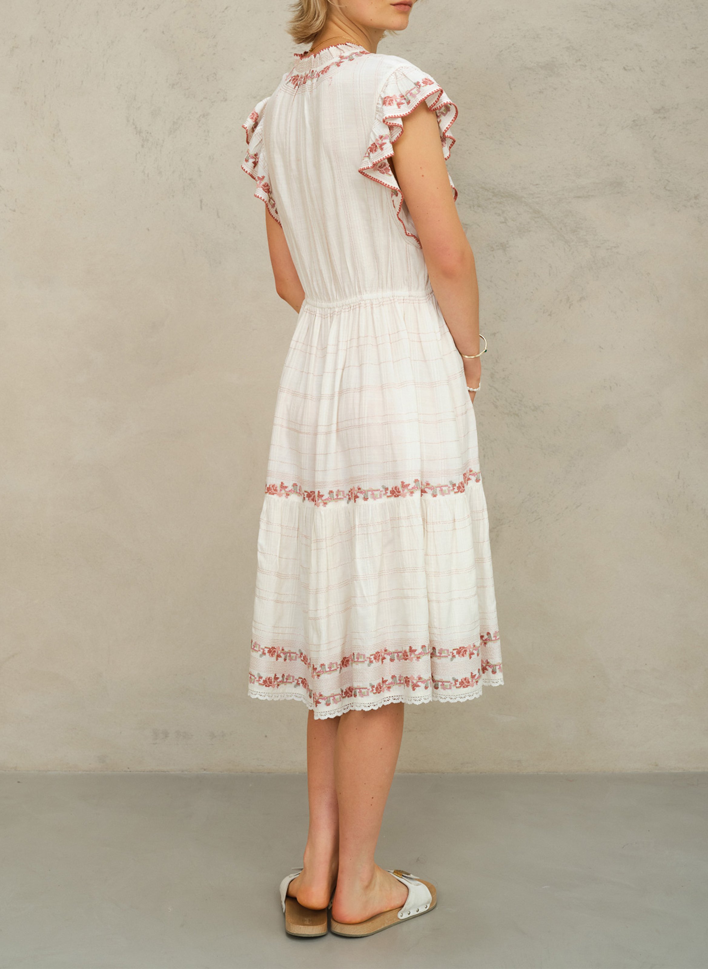 Vestido midi de algodón bordado con cuello de pico M.A.B.E Blanco