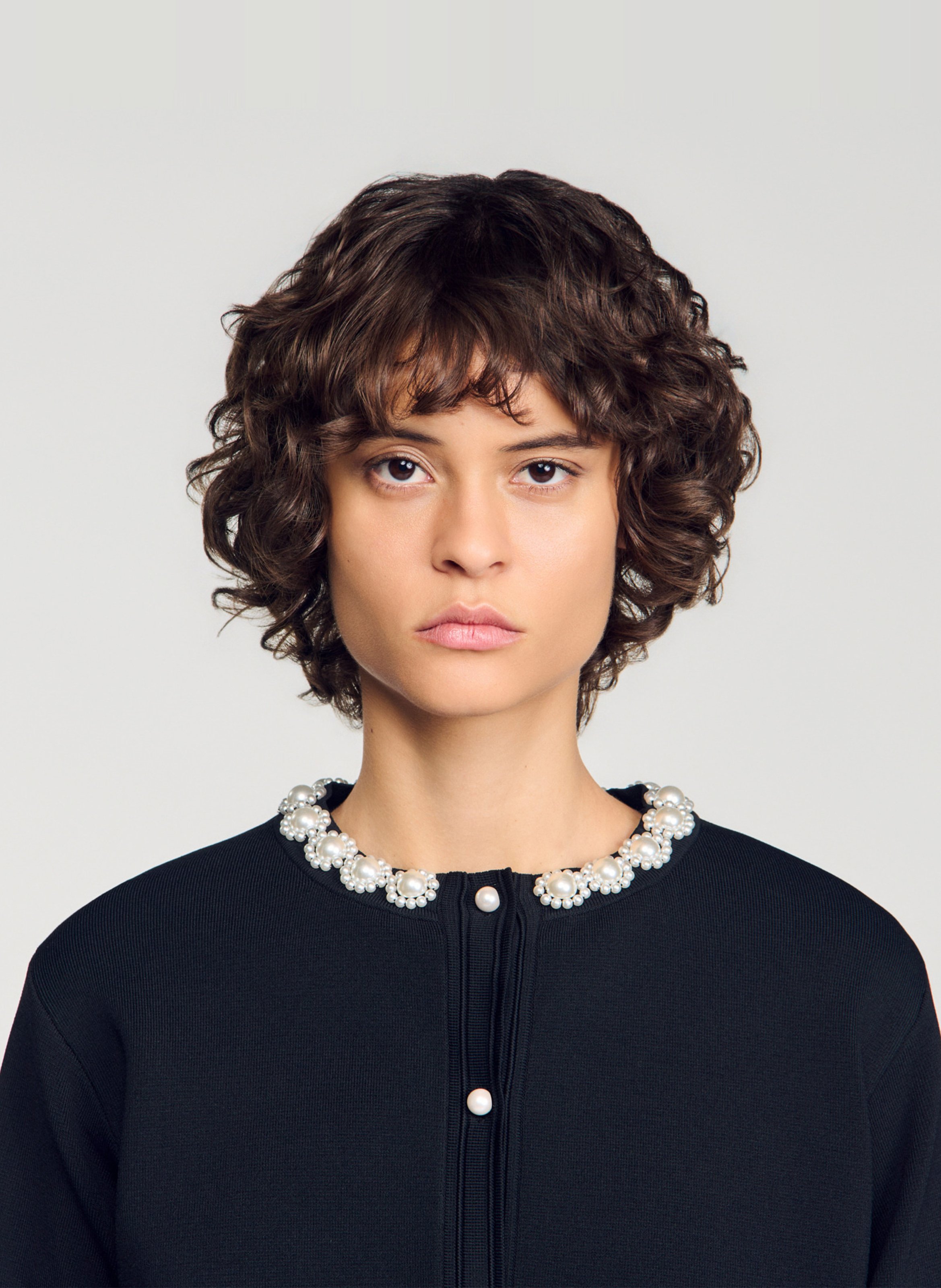 Gilet droit col rond perlé SANDRO Noir