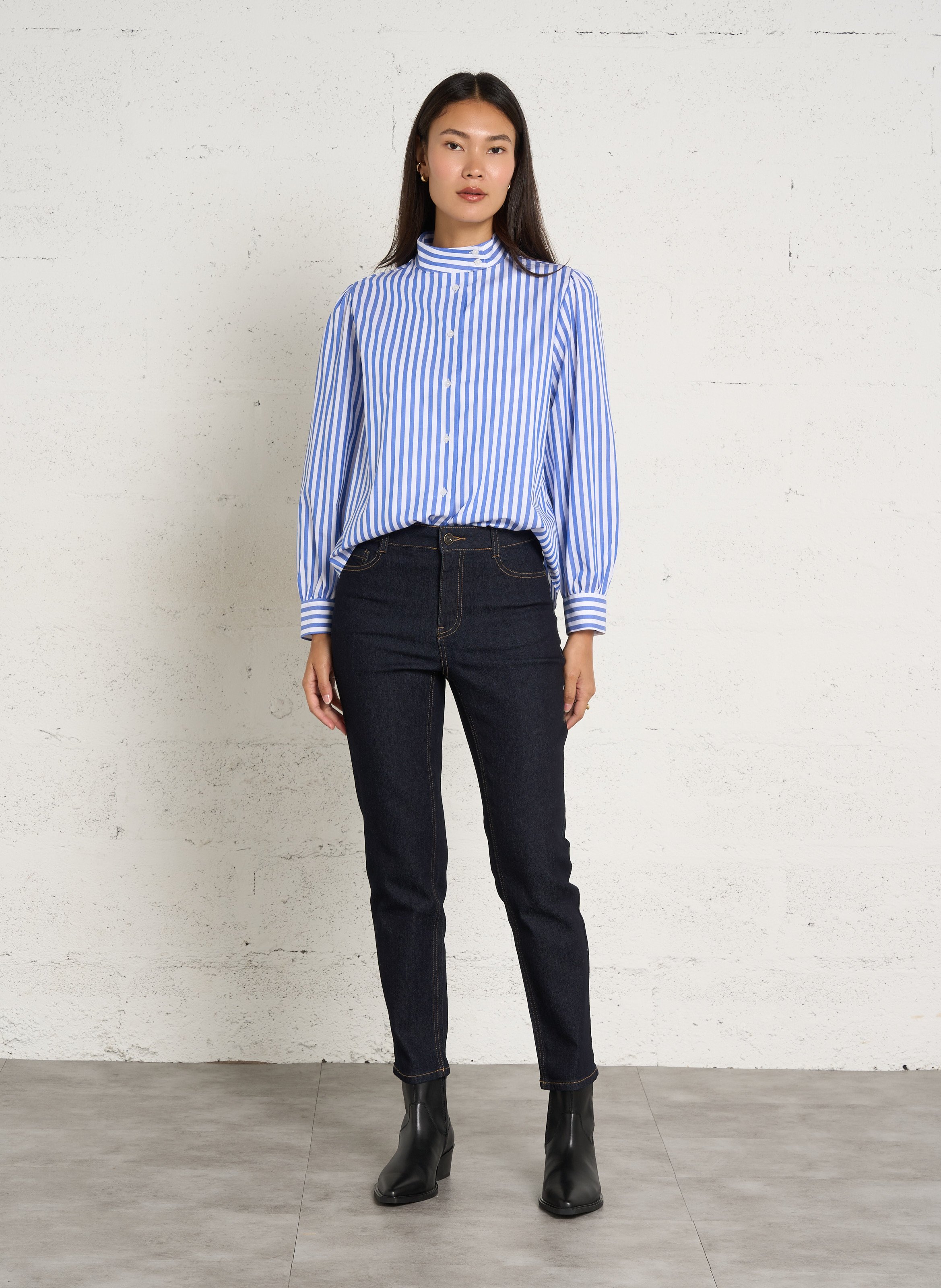 Striped straight cotton shirt with classic collar IKKS Blue