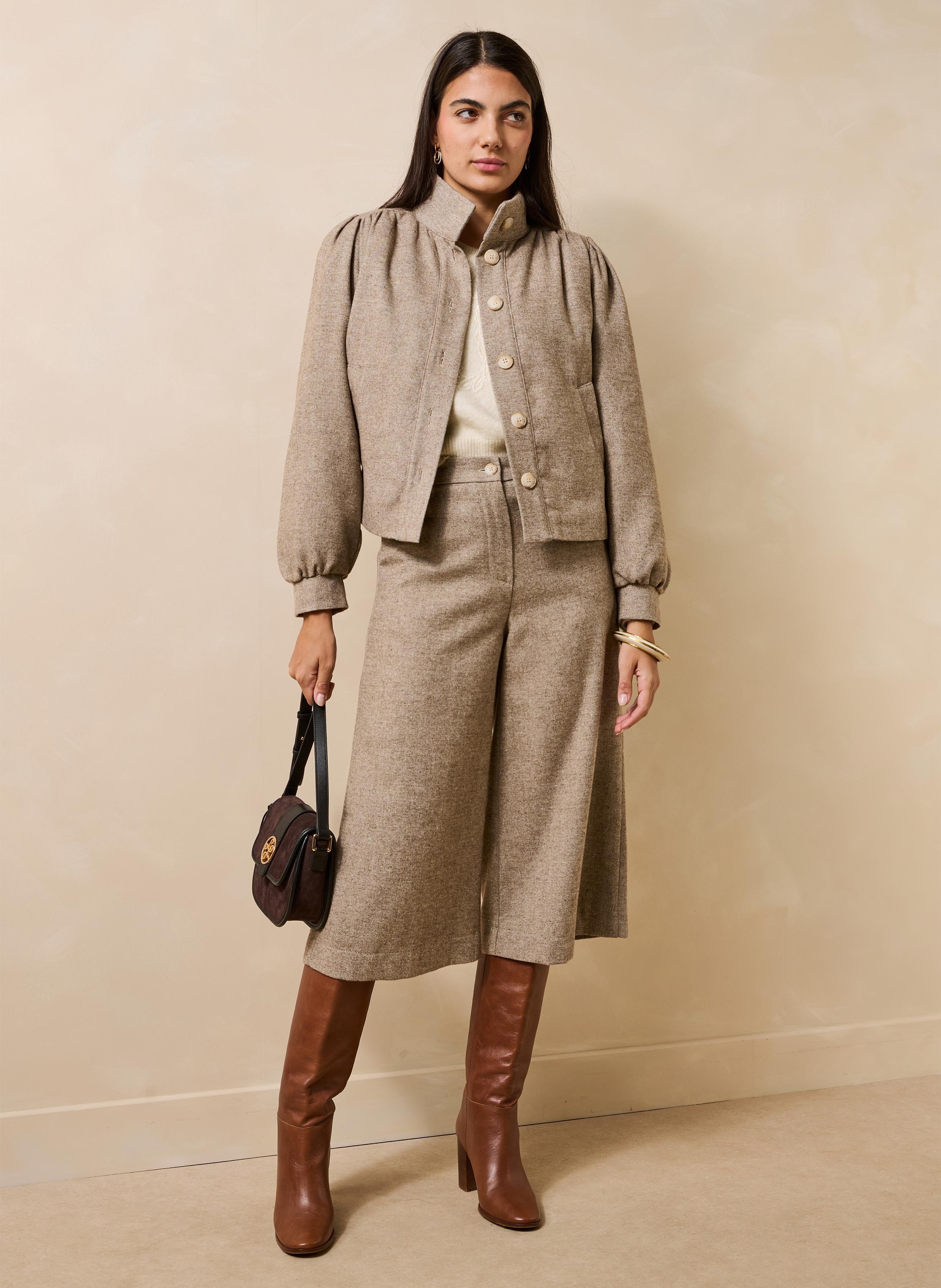 Straight high-neck buttoned tweed jacket LA FEE MARABOUTEE Beige