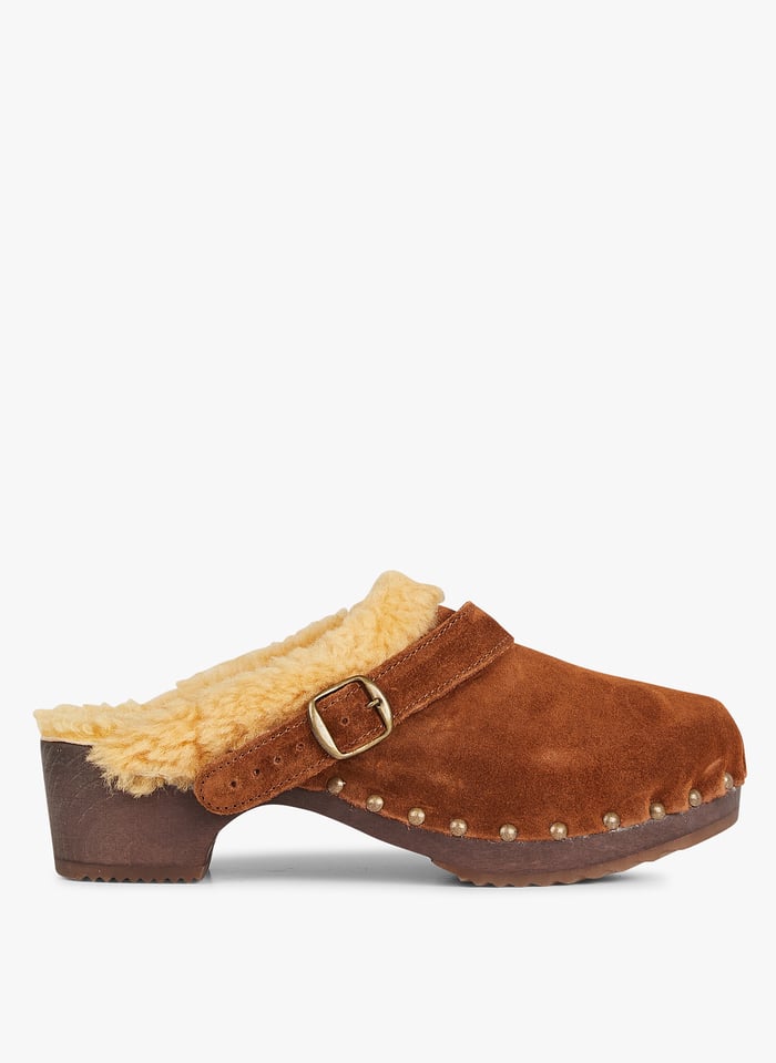 Brown Suede leather faux fur lined clogs