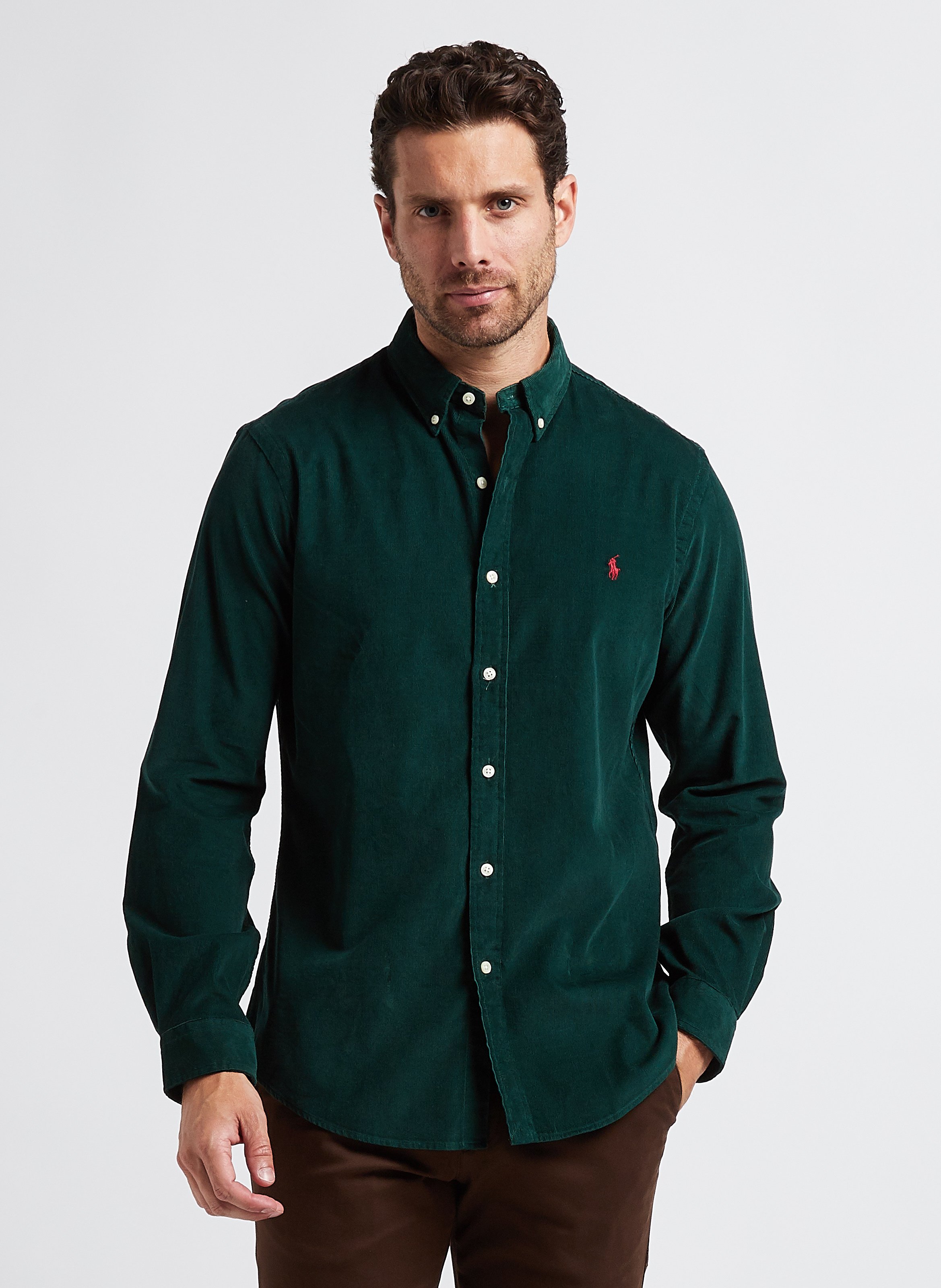 Chemise col classique slim fit en velours c tel Vert