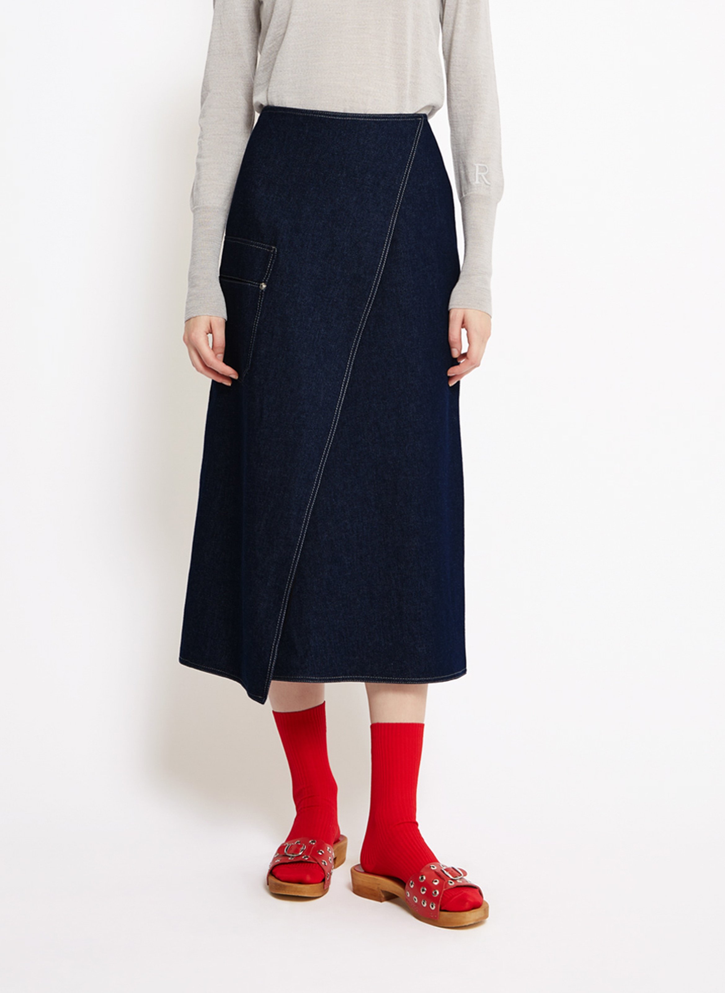 Jupe midi denim en coton ROSEANNA Bleu