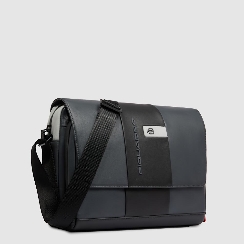 Leather computer messenger bag with pocket for airpods®, shock protection, and RFID. PIQUADRO Grey