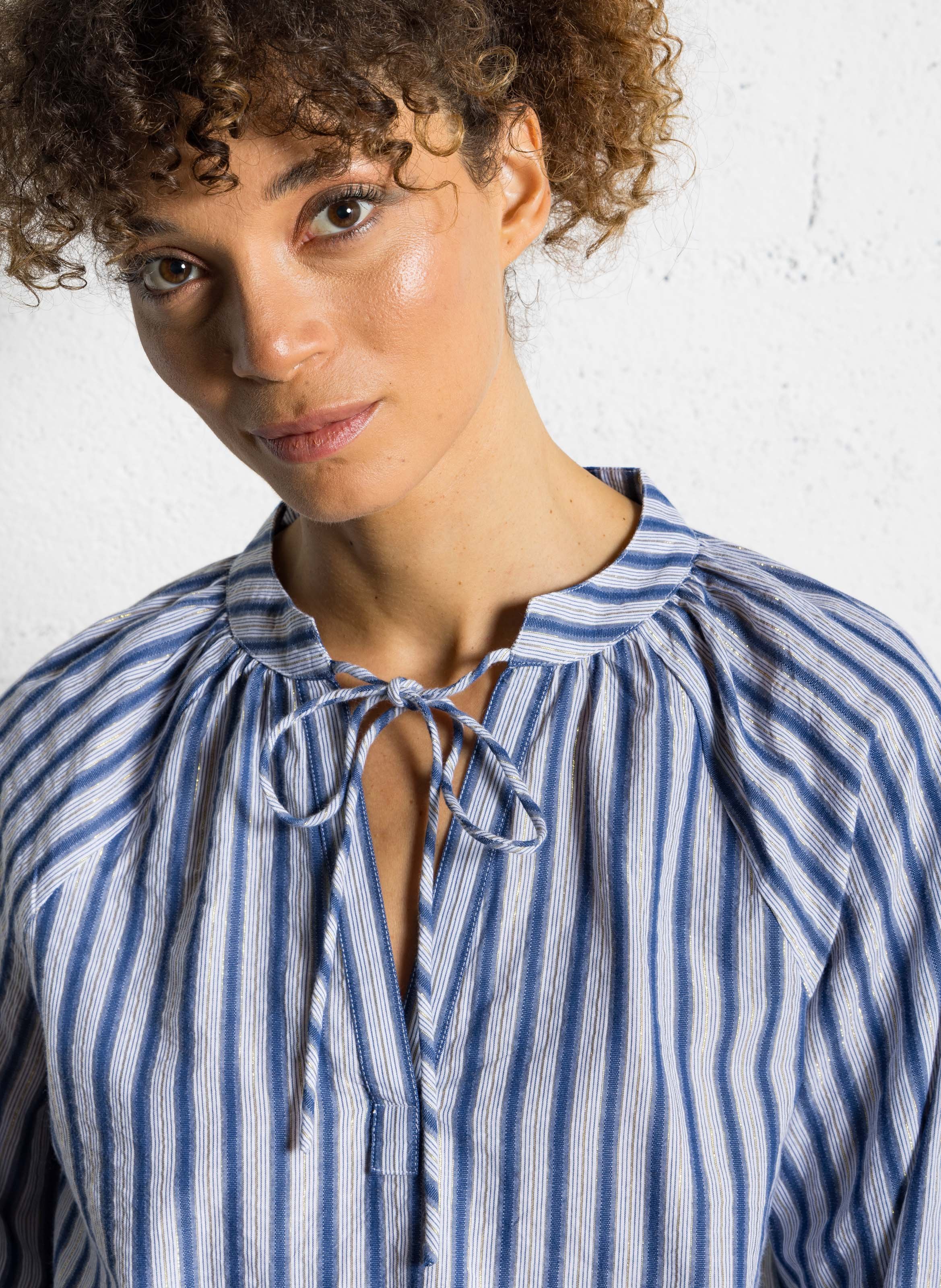 Blouse col tunisien en coton mélangé SUD EXPRESS Bleu