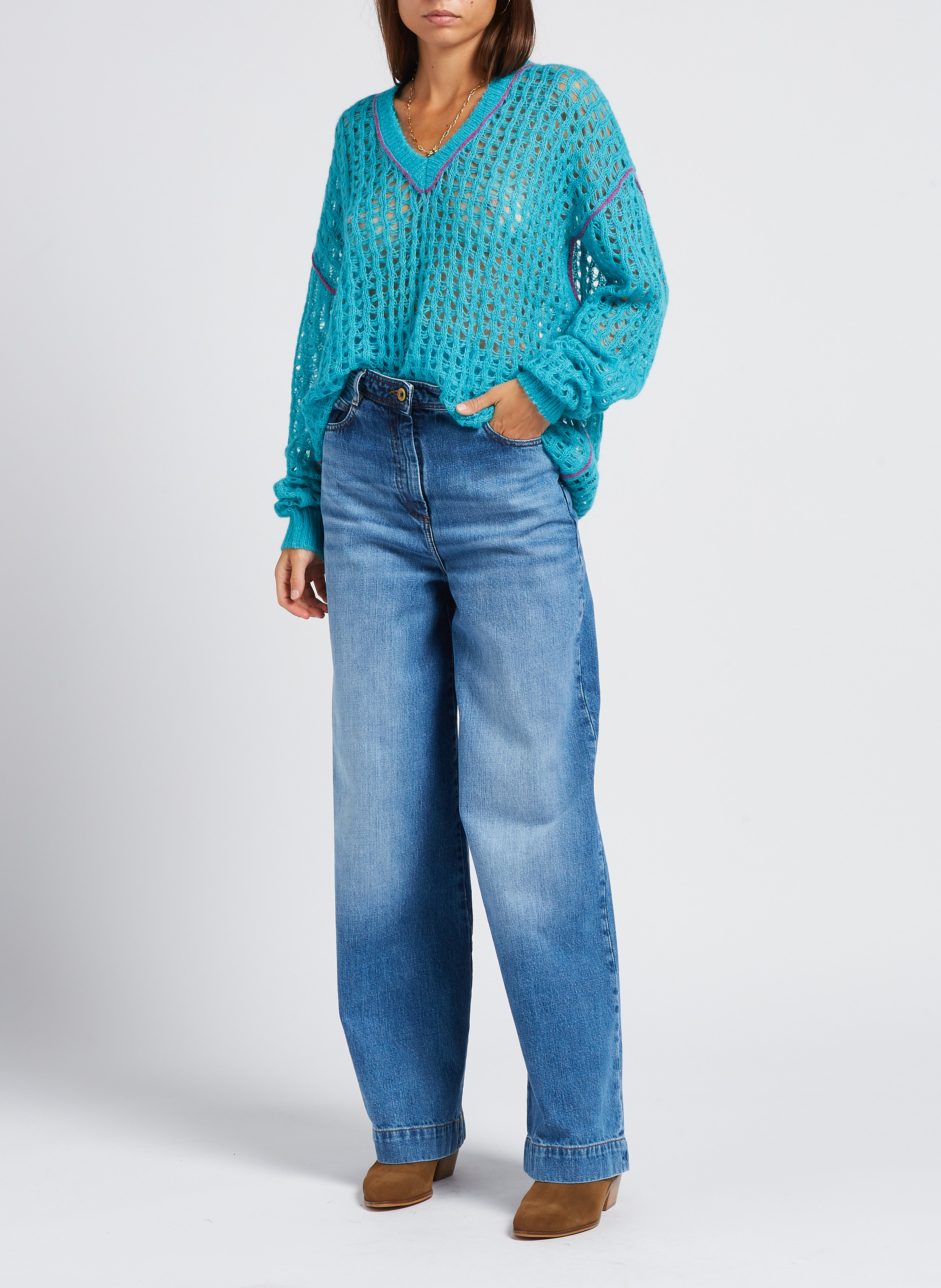 V-neck sweater in mesh MES DEMOISELLES Blue