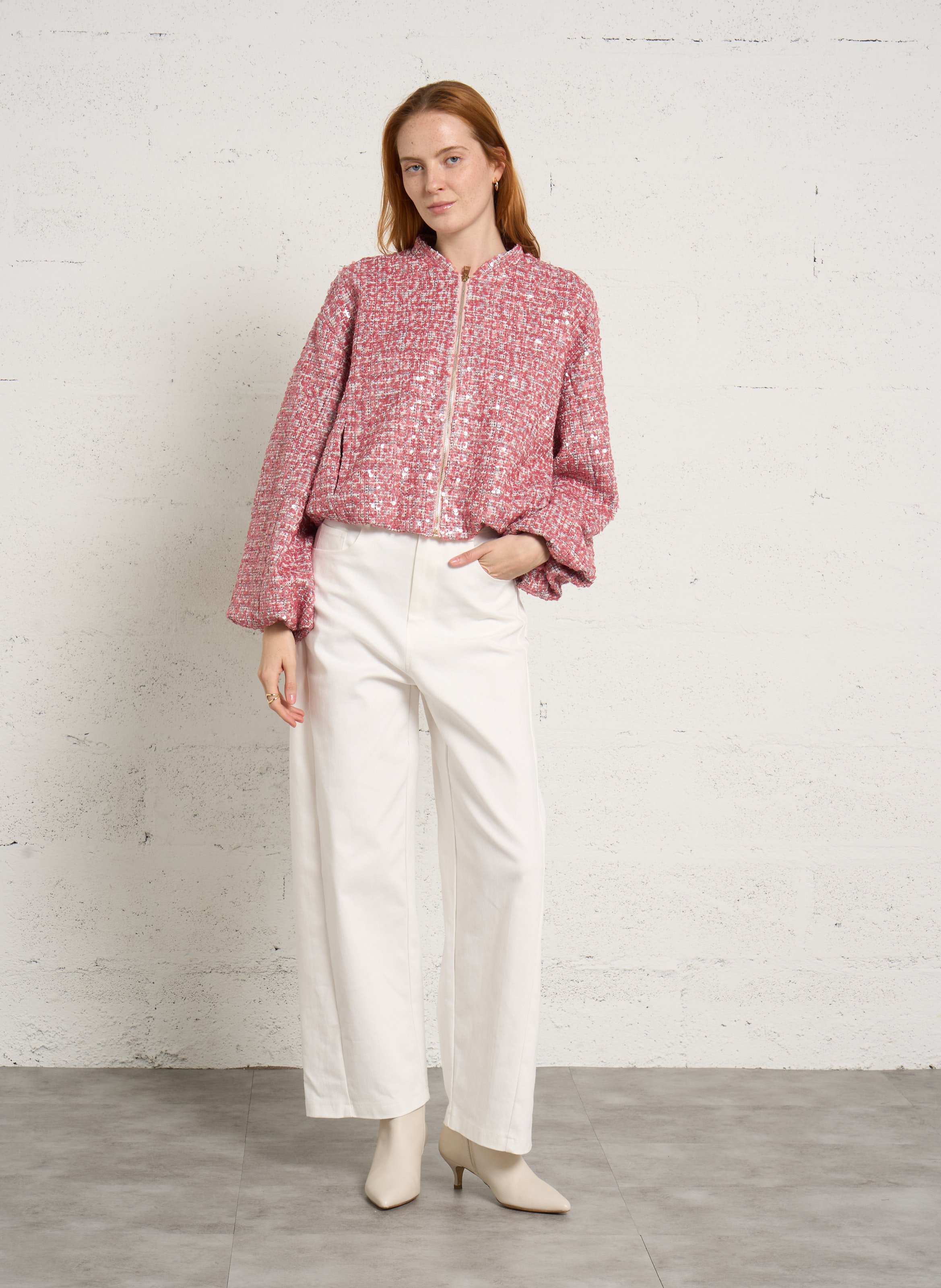 Veste courte zippée en tweed sequins IMPERIAL Rose