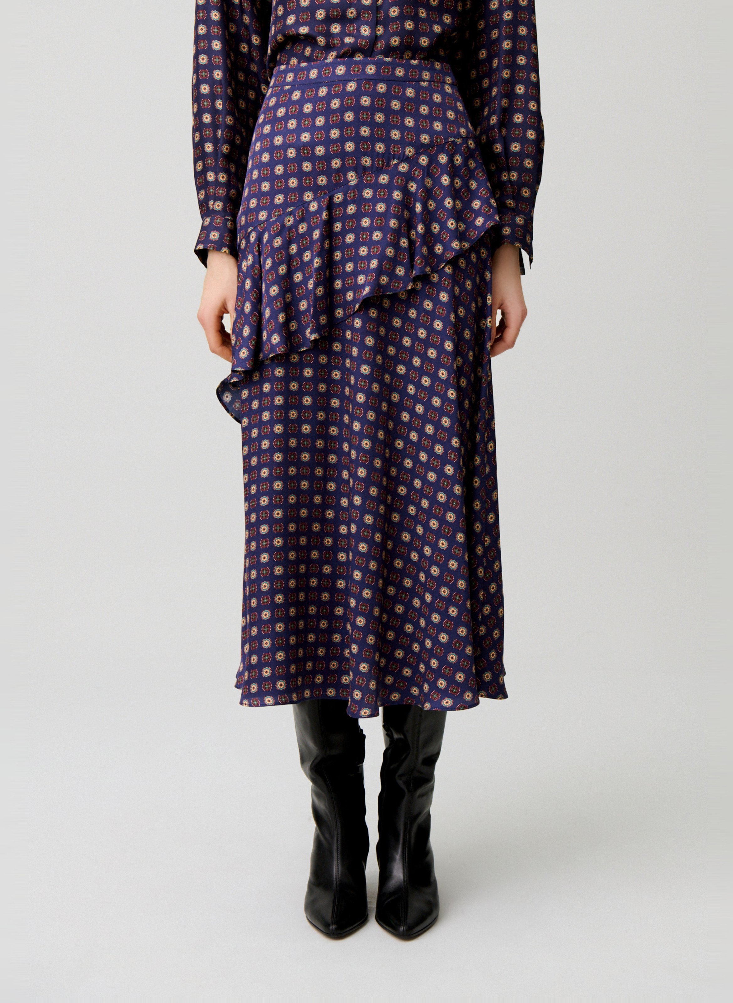 Jupe midi fluide imprimée à volants CLAUDIE PIERLOT Bleu