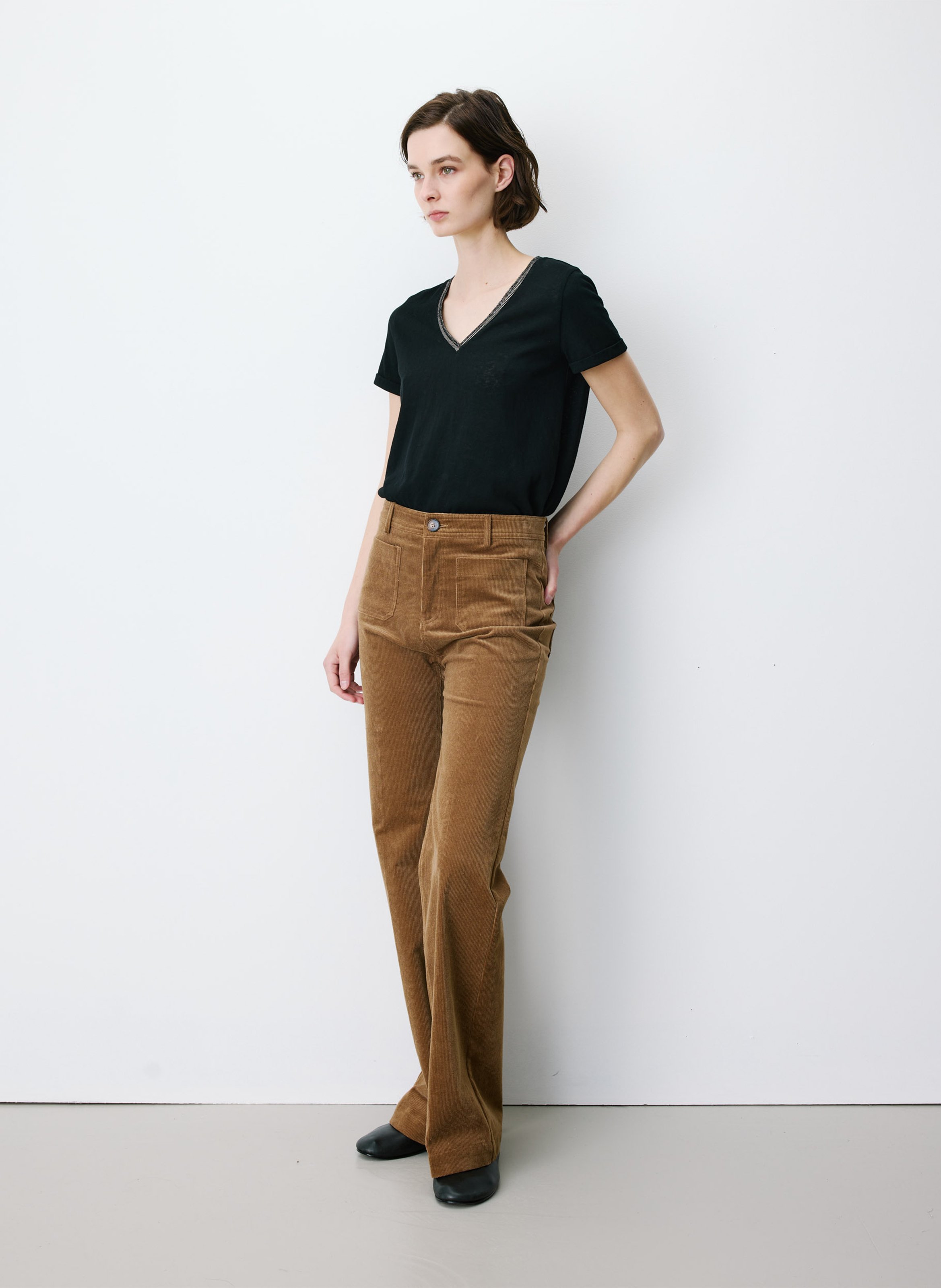 Pantalon droit côtelé en coton mélangé GRACE ET MILA Marron