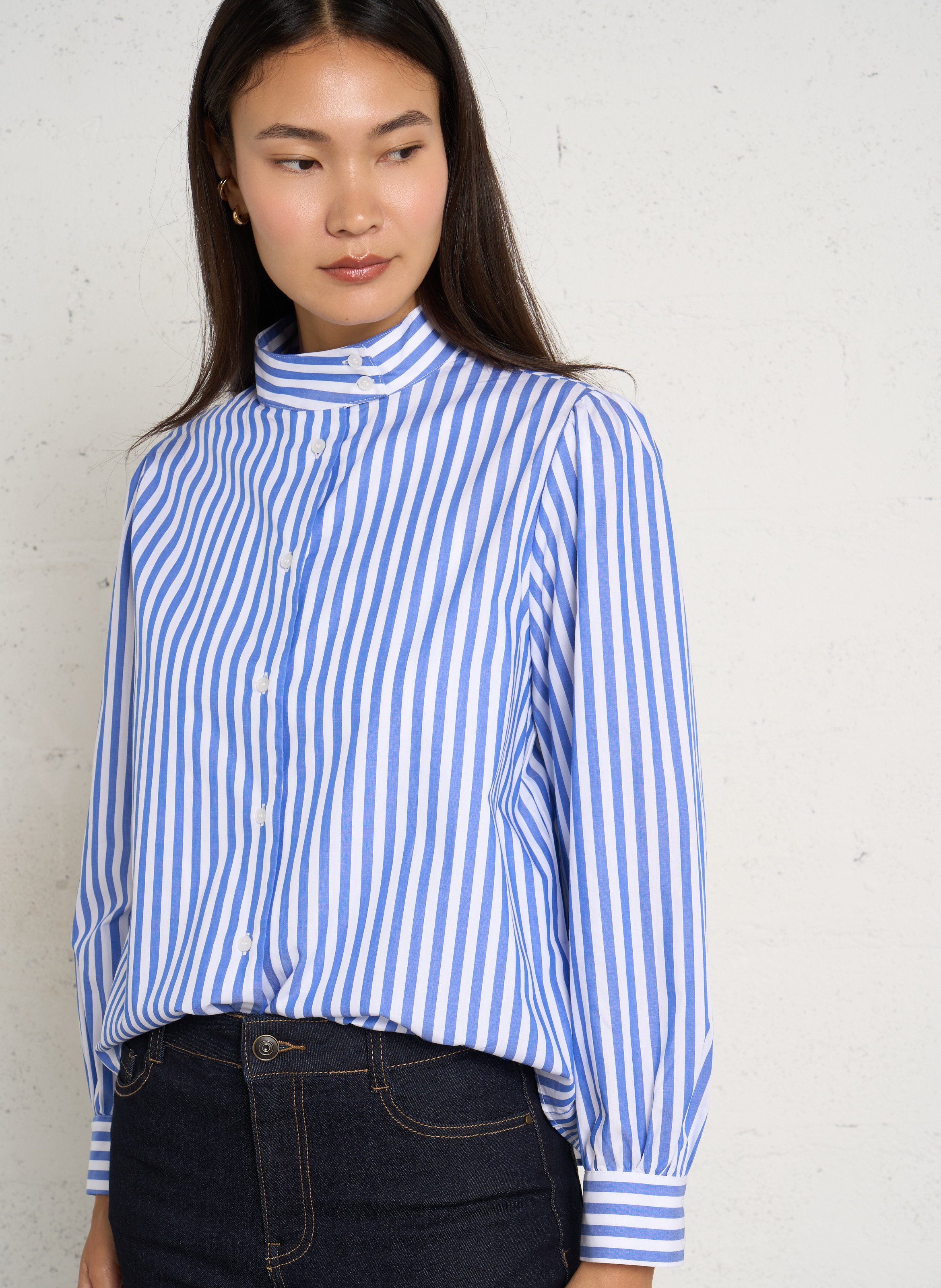 Striped straight cotton shirt with classic collar IKKS Blue