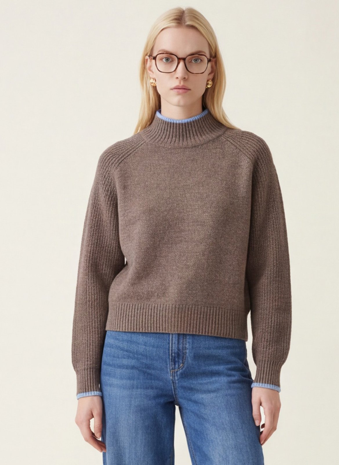 Pull droit col montant en laine mélangée KOOKAI Marron