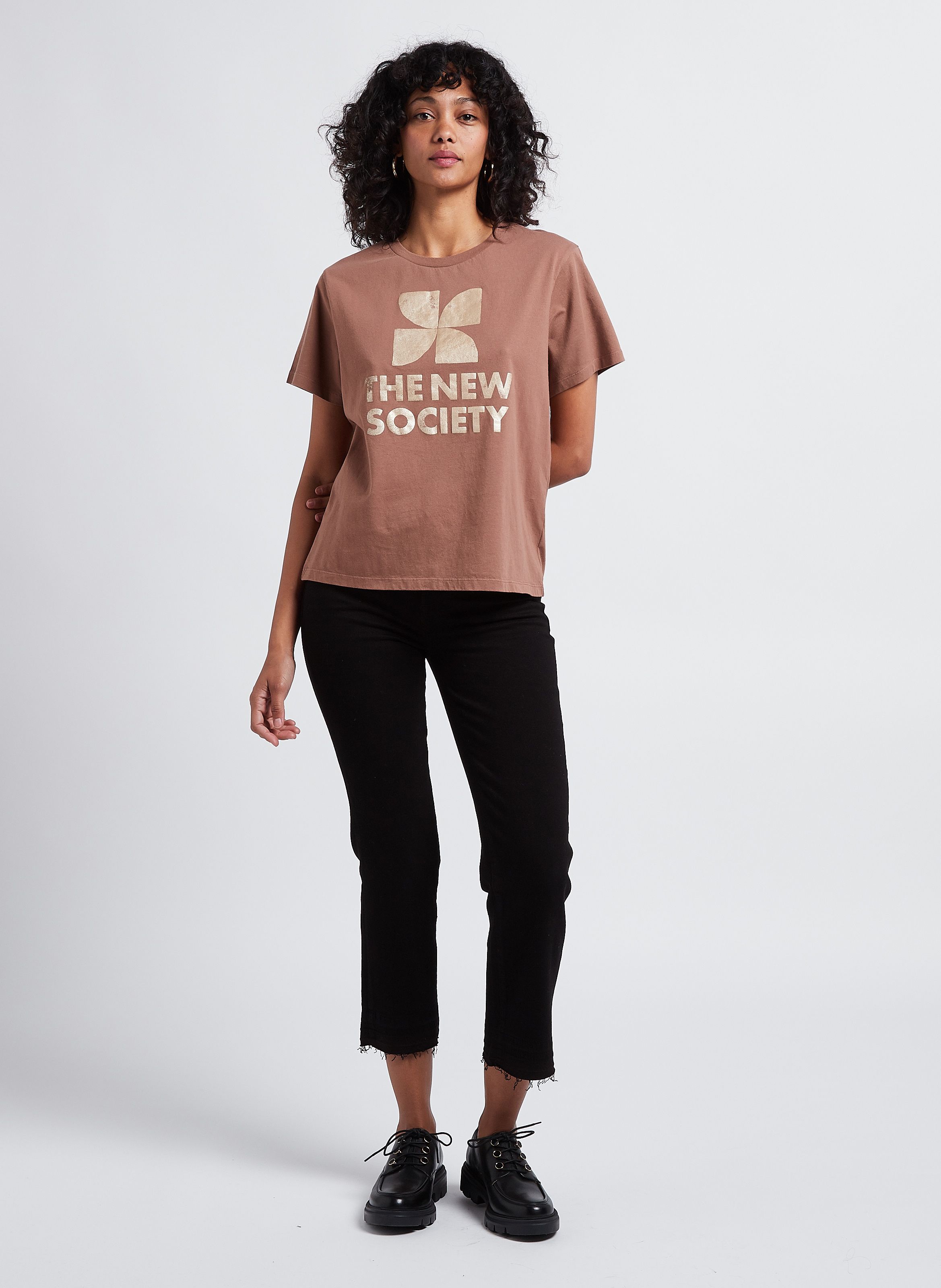 Brown Round-neck cotton T-shirt with screen print