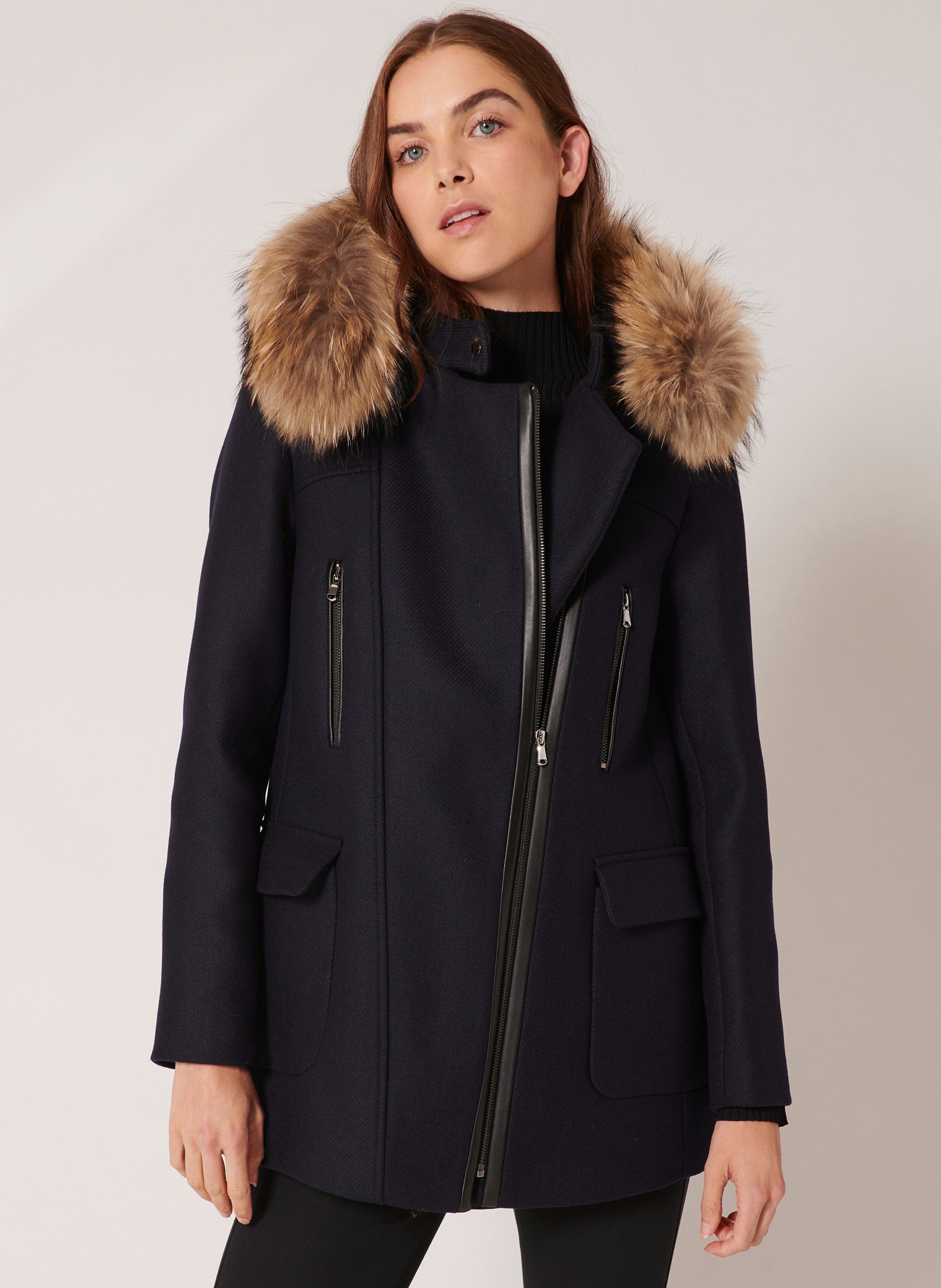 Blue Wool blend coat with real fur hood