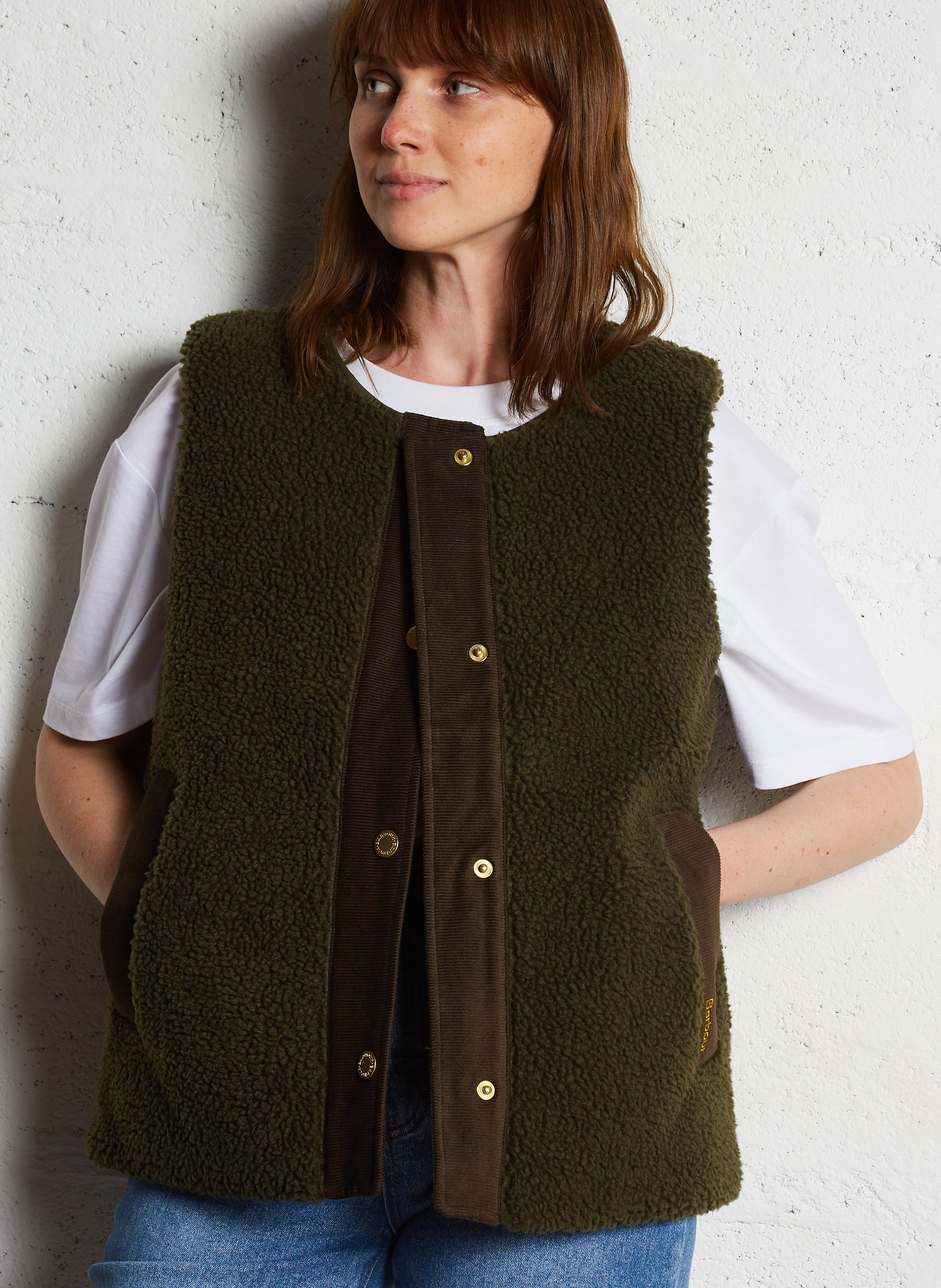 Gilet col rond en fourrure teddy BARBOUR Kaki