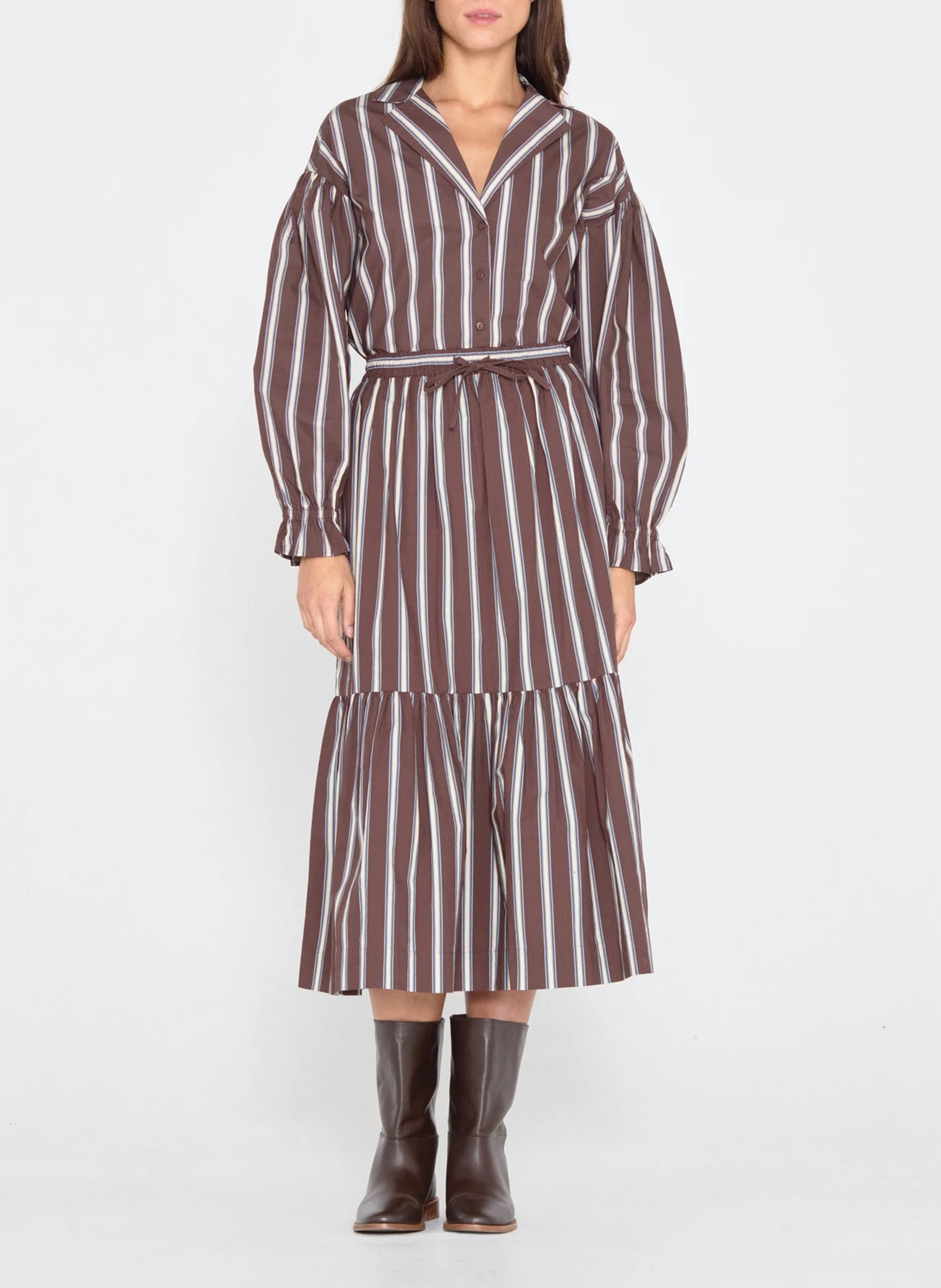 Midi skirt with ruffles and stripes in cotton Brown