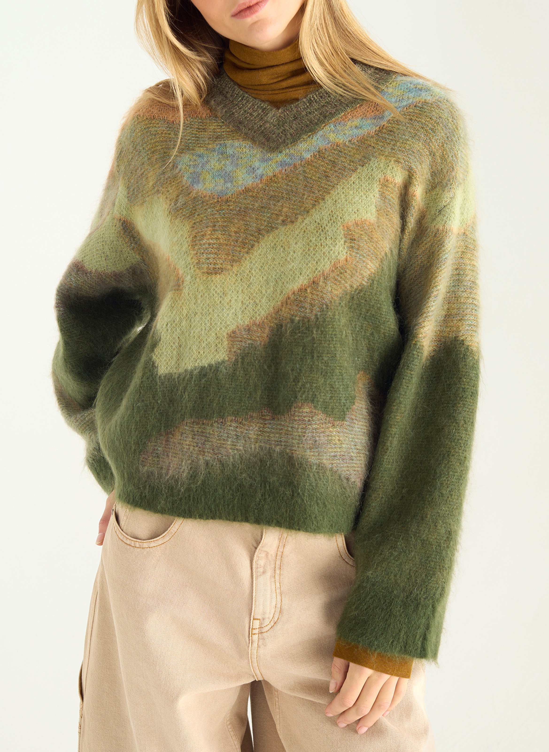 Pull oversize col V en laine mélangée COTELAC Vert