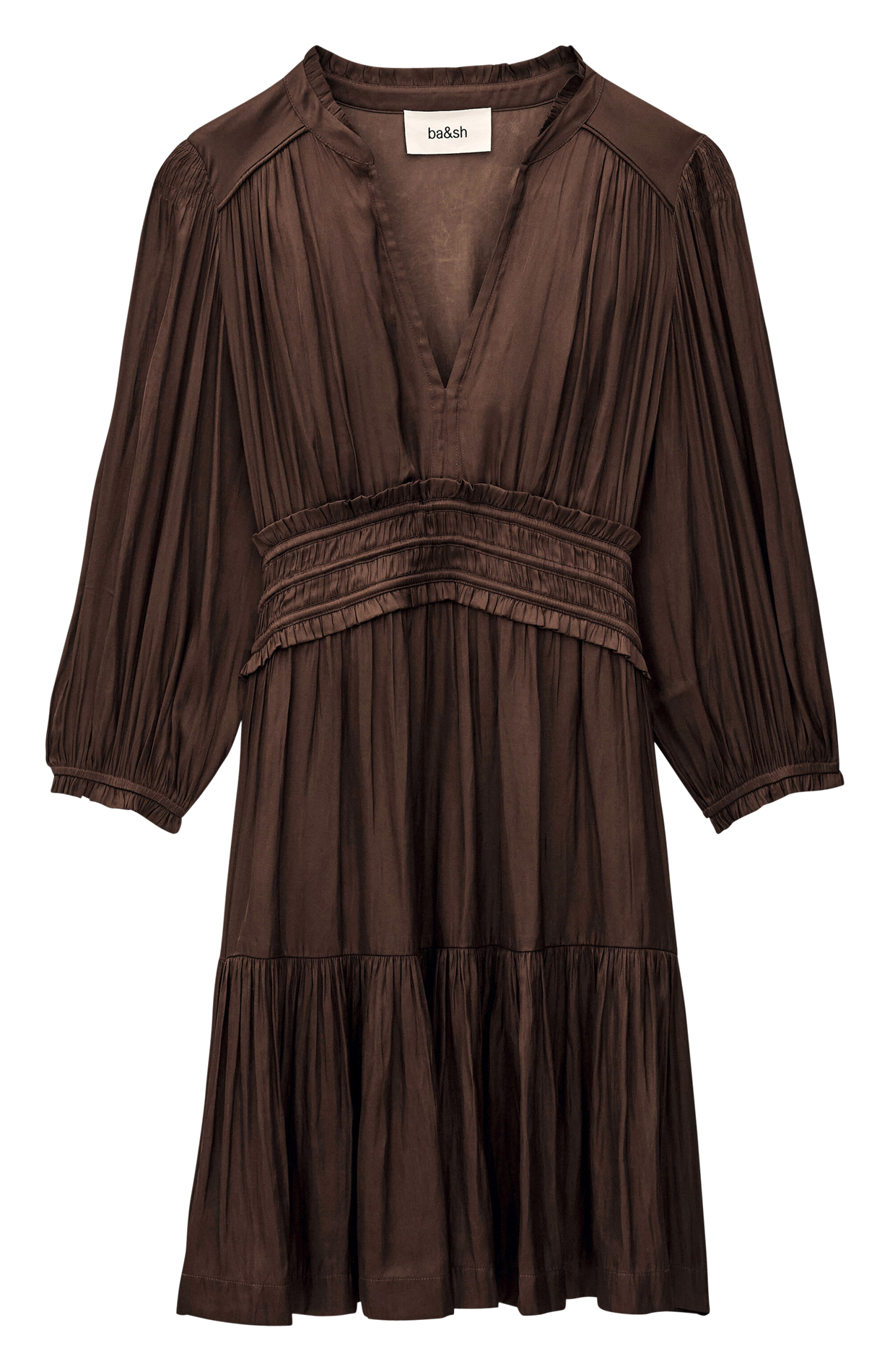 Robe courte froncée col tunisien en satin BA&SH Marron