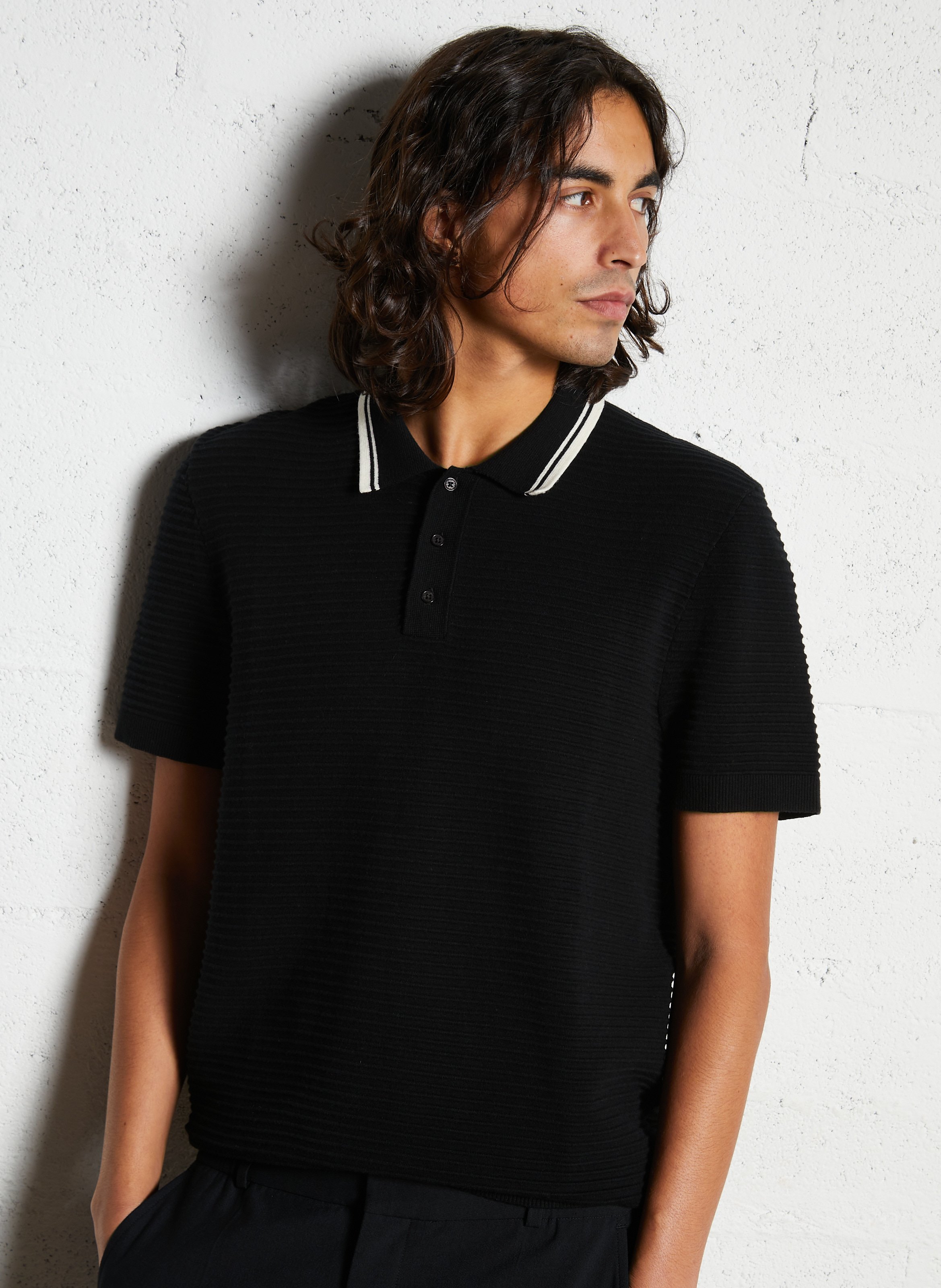 Solid short-sleeve polo with striped collar IKKS Black